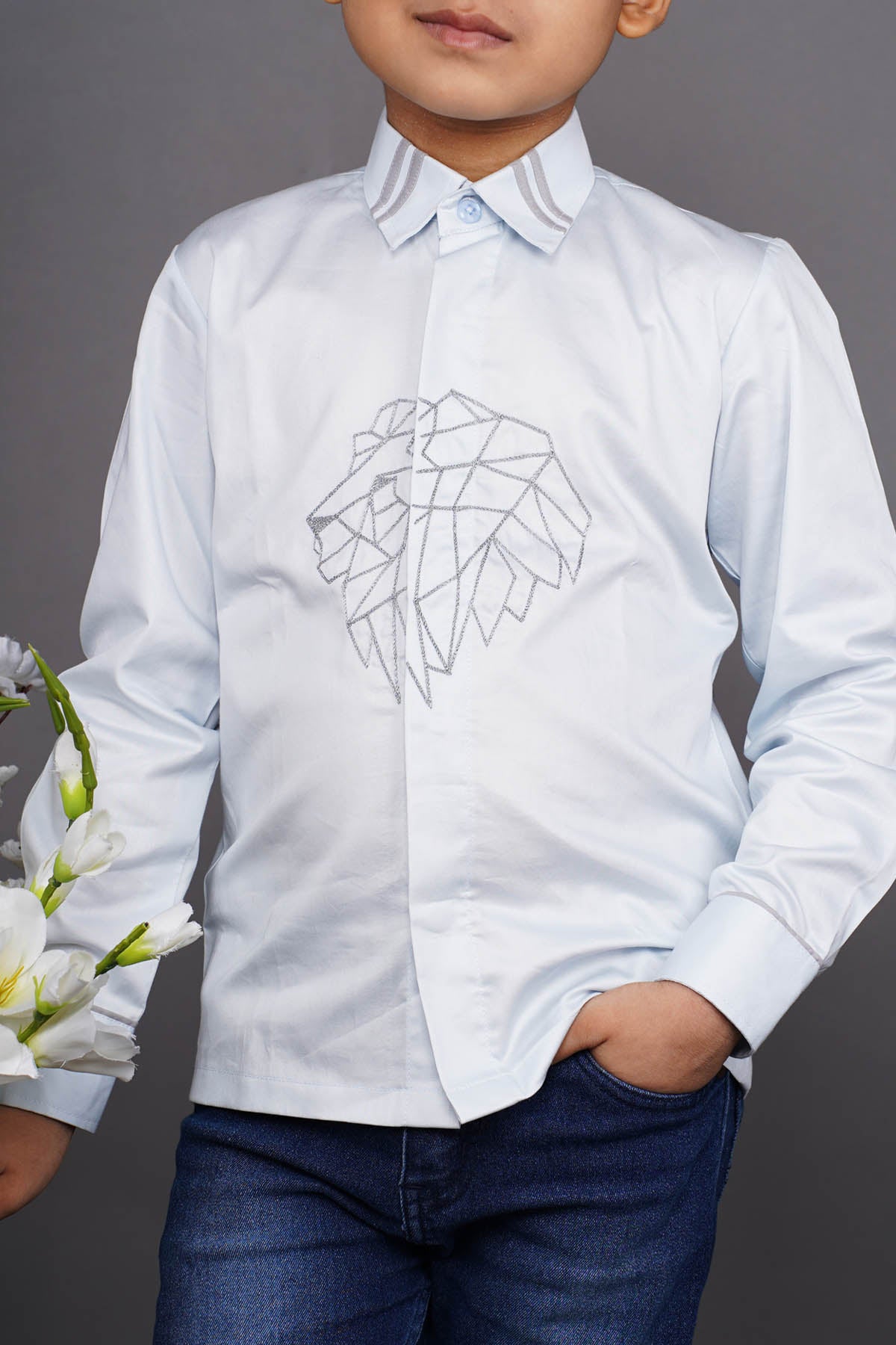 Sky Blue Lion Embroidered Shirt