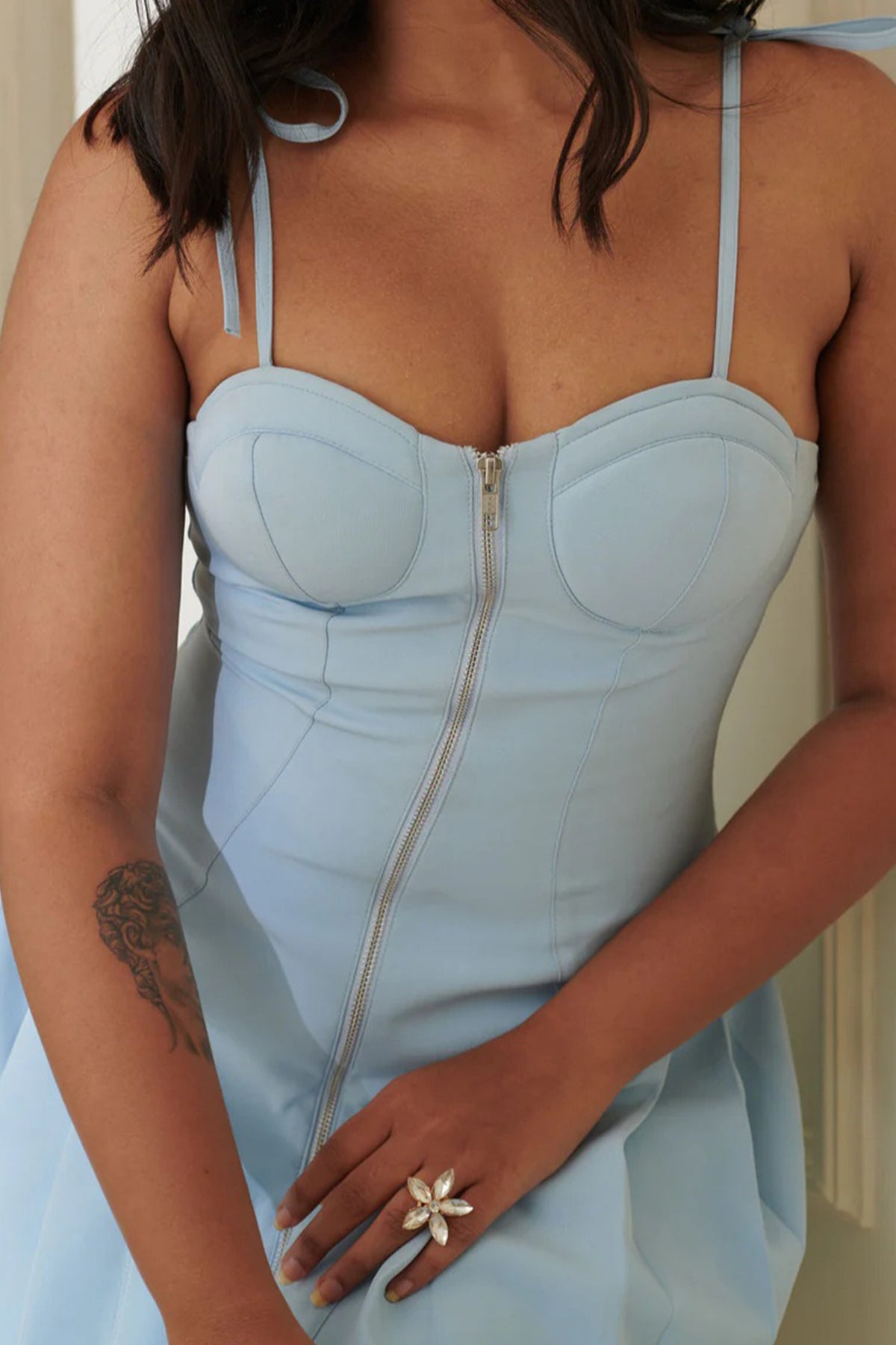 Sky Blue Pleated Zipper Dress