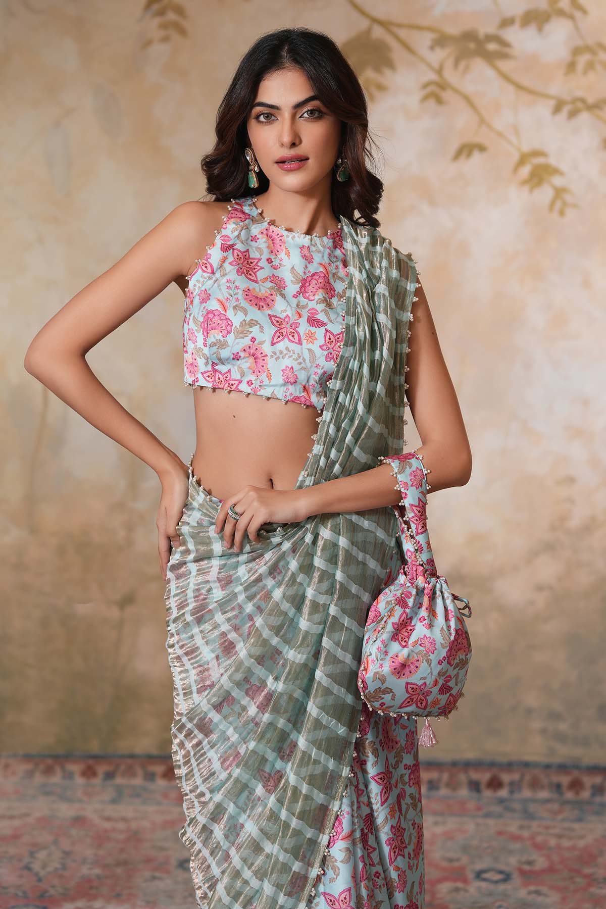 Sky Blue Print Pearl Work Saree