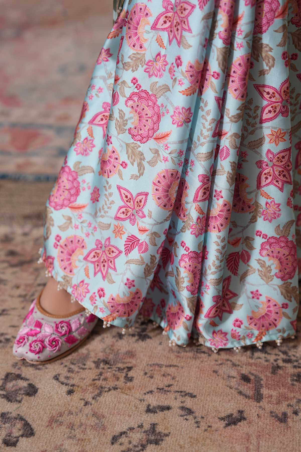 Sky Blue Print Pearl Work Saree