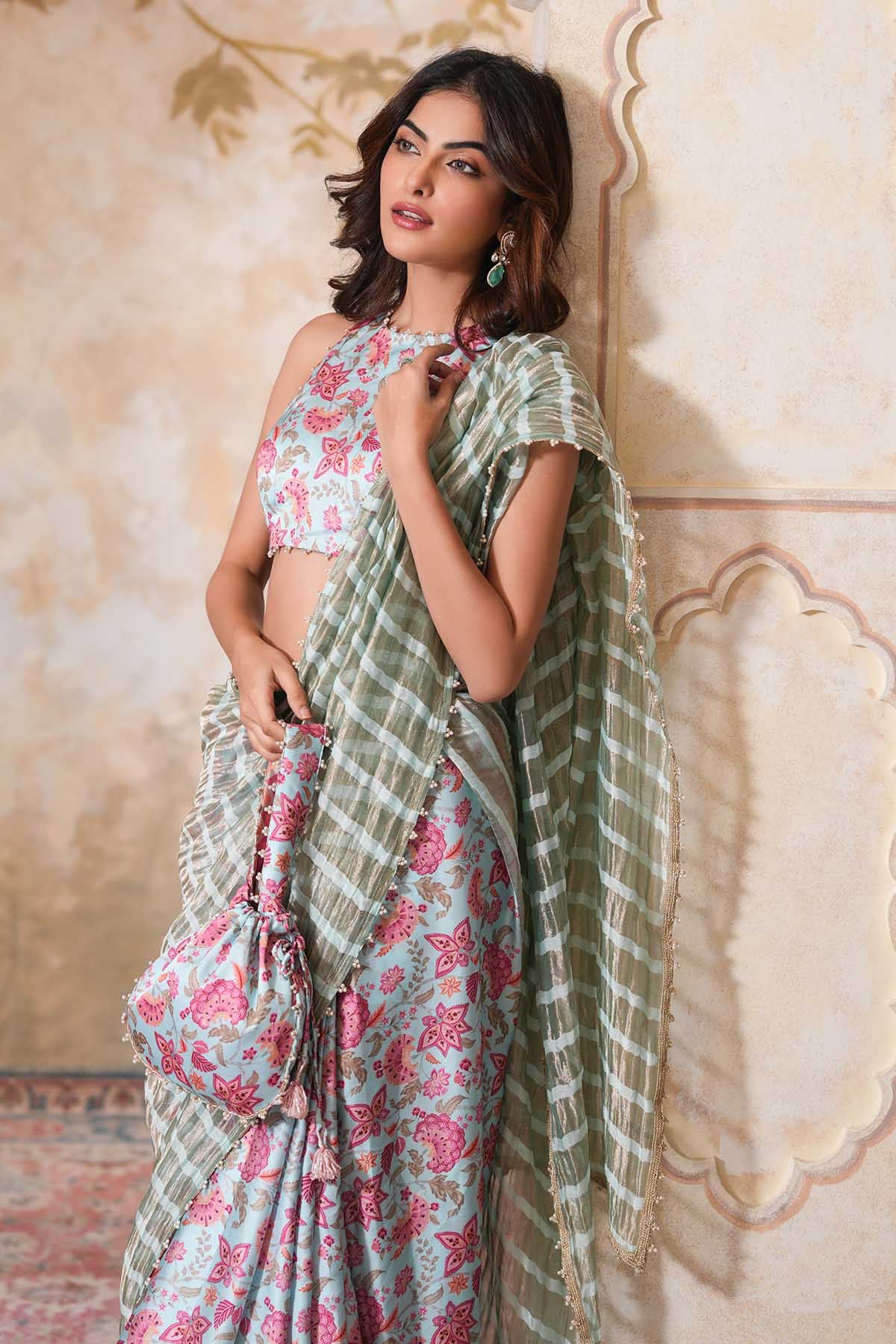 Sky Blue Print Pearl Work Saree