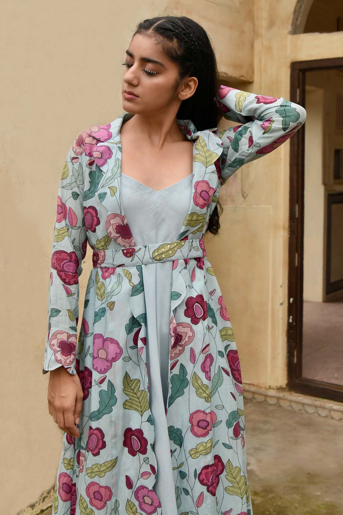 Sky Blue Printed Jacket & Dress