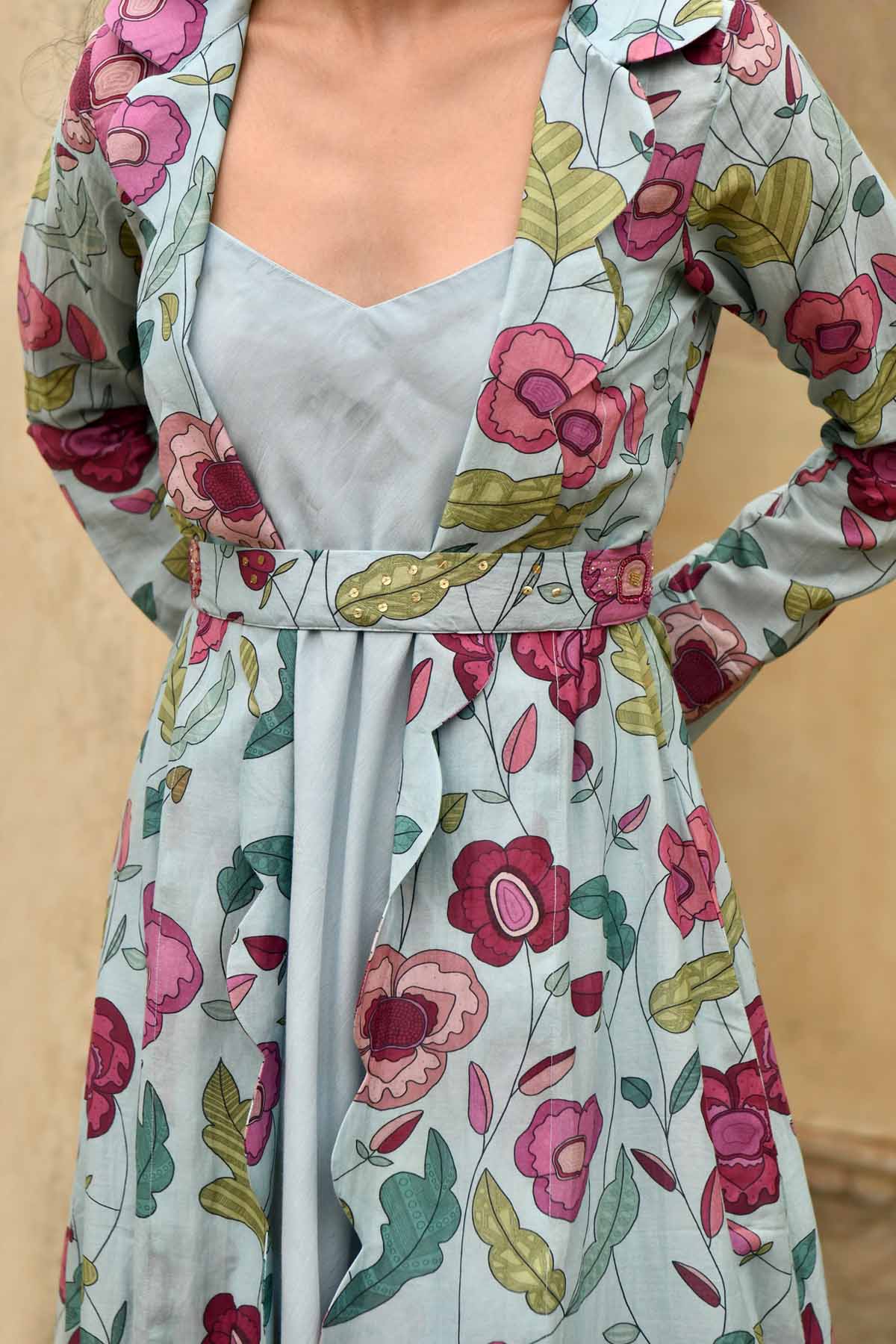 Sky Blue Printed Jacket & Dress