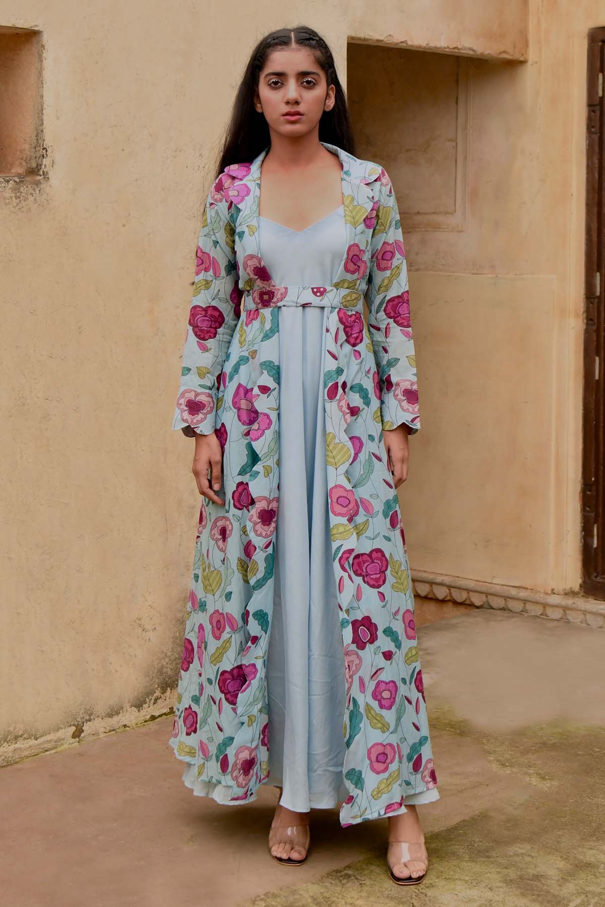 Sky Blue Printed Jacket & Dress