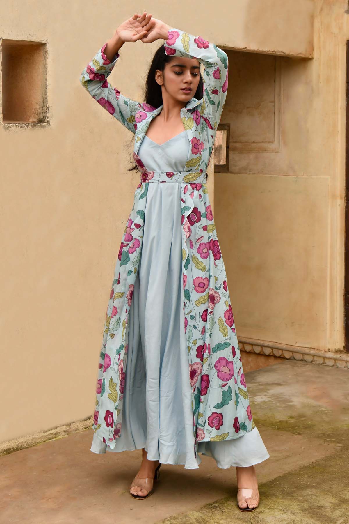 Taro India Sky Blue Printed Jacket & Dress for women online at ScrollnShops