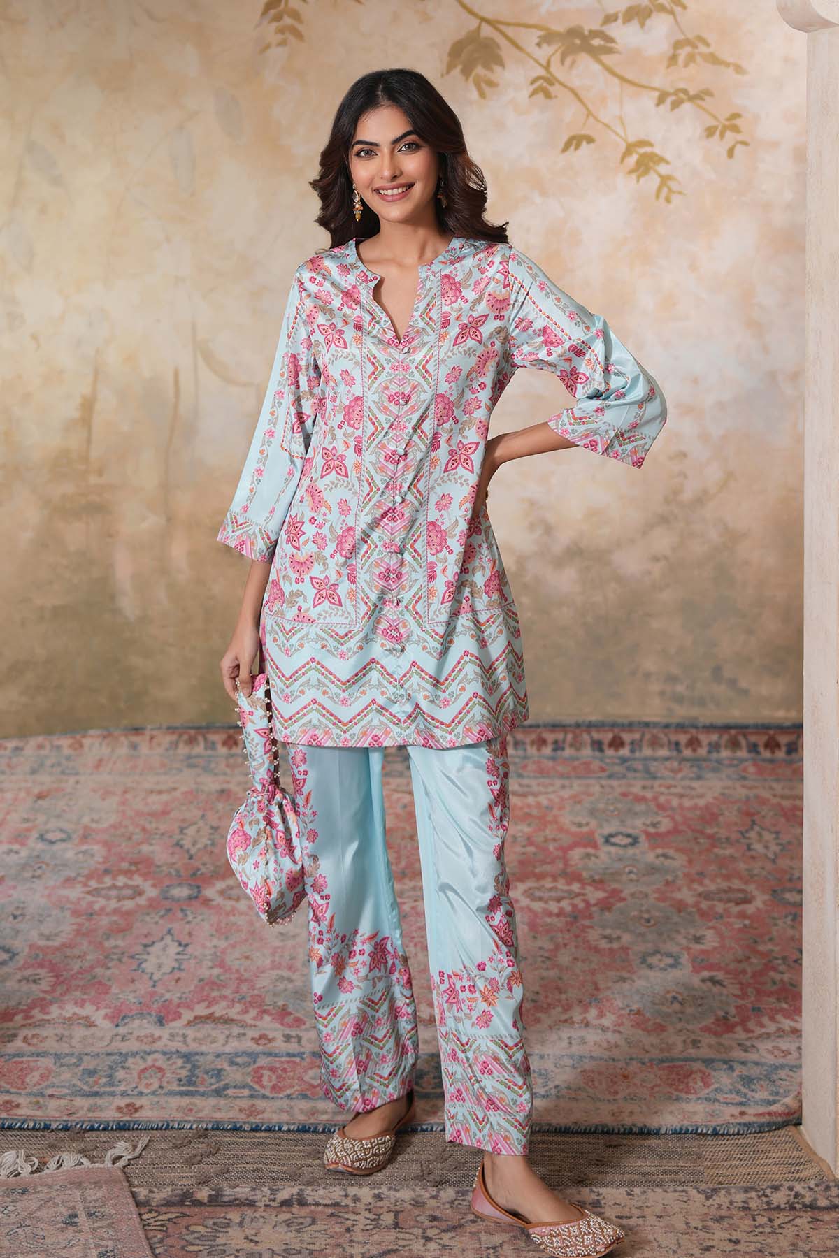 Sky Blue Printed Top & Pants