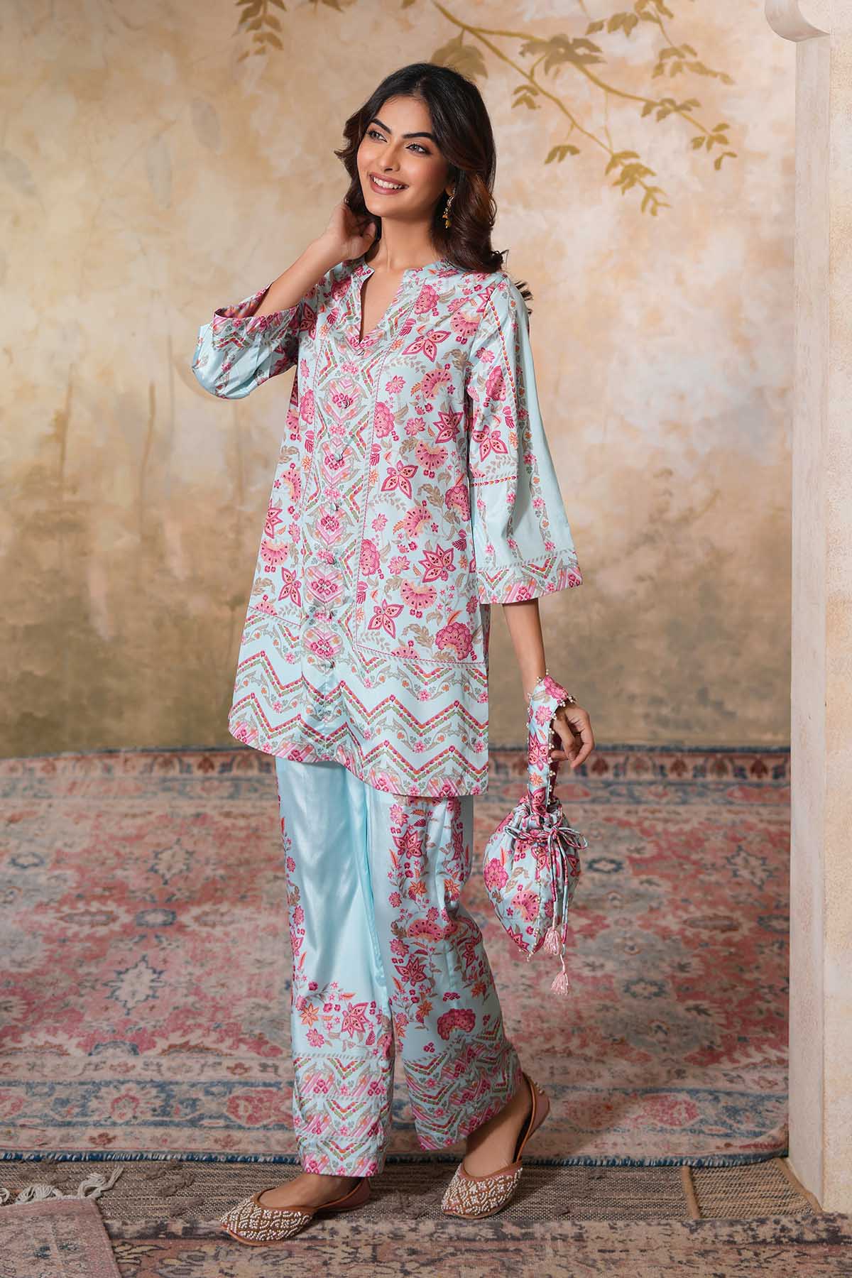 Sky Blue Printed Top & Pants