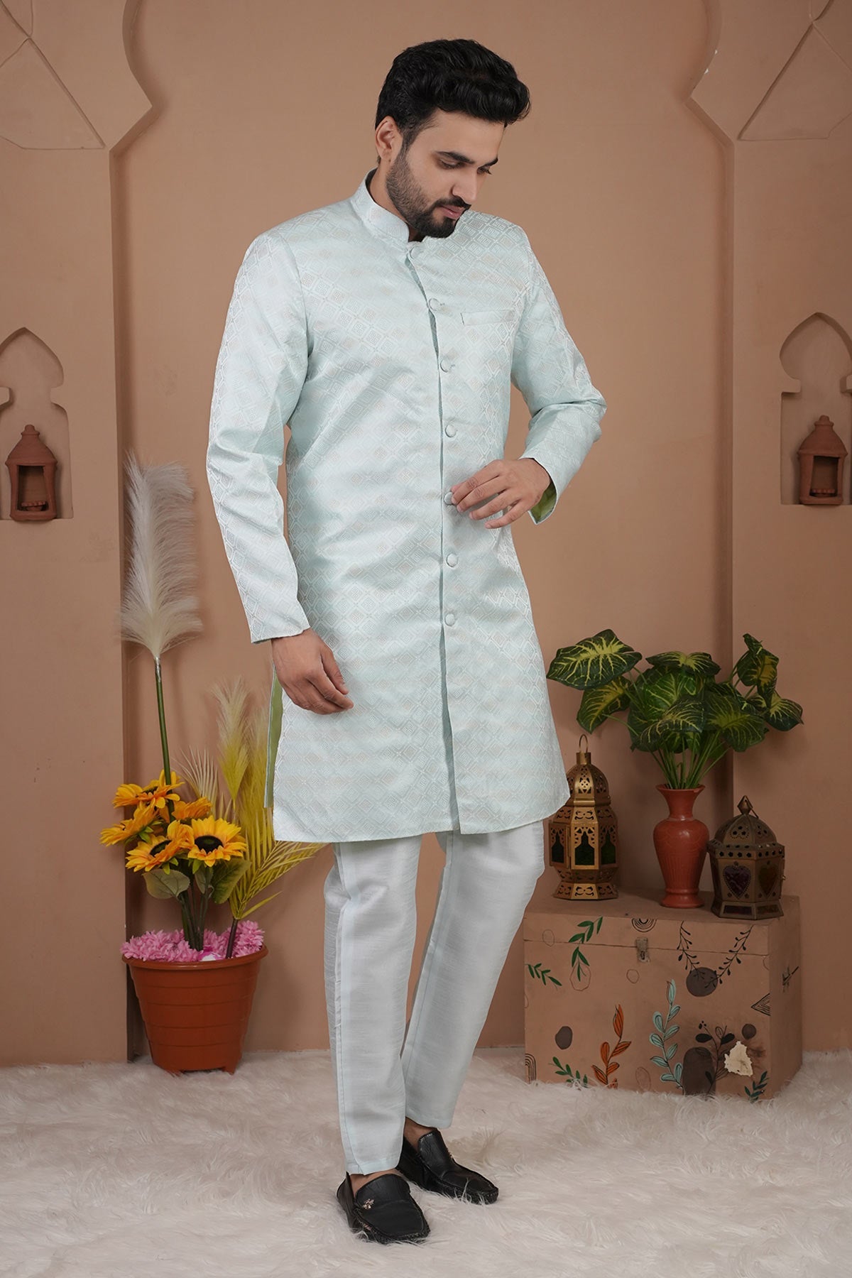 Buy Sky Blue Silk Sherwani & Pants for men by Aastha Fashion online available at scrollnshops