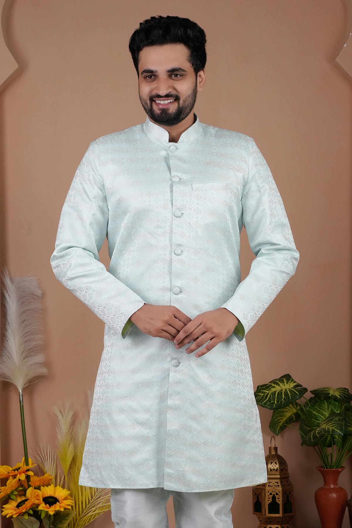 Sky Blue Silk Sherwani & Pants
