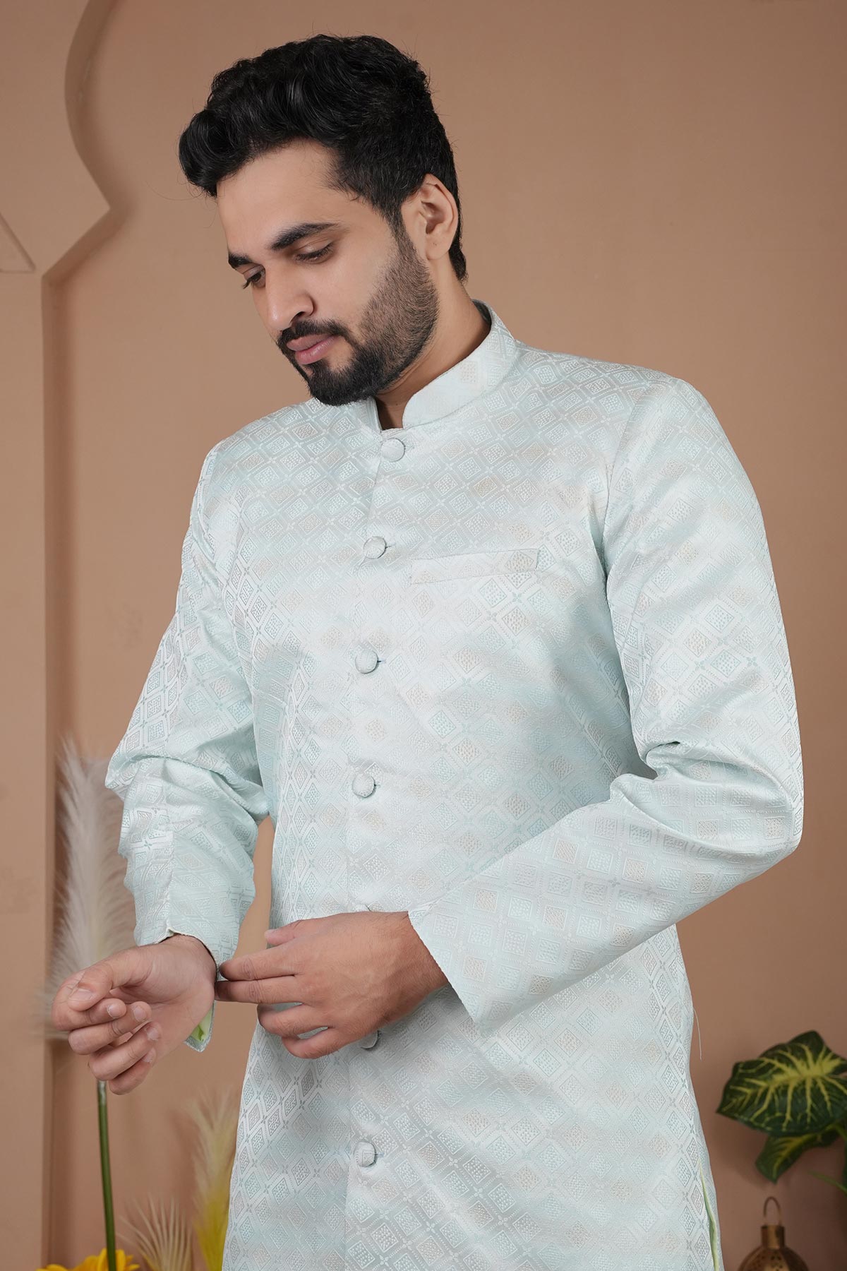 Sky Blue Silk Sherwani & Pants