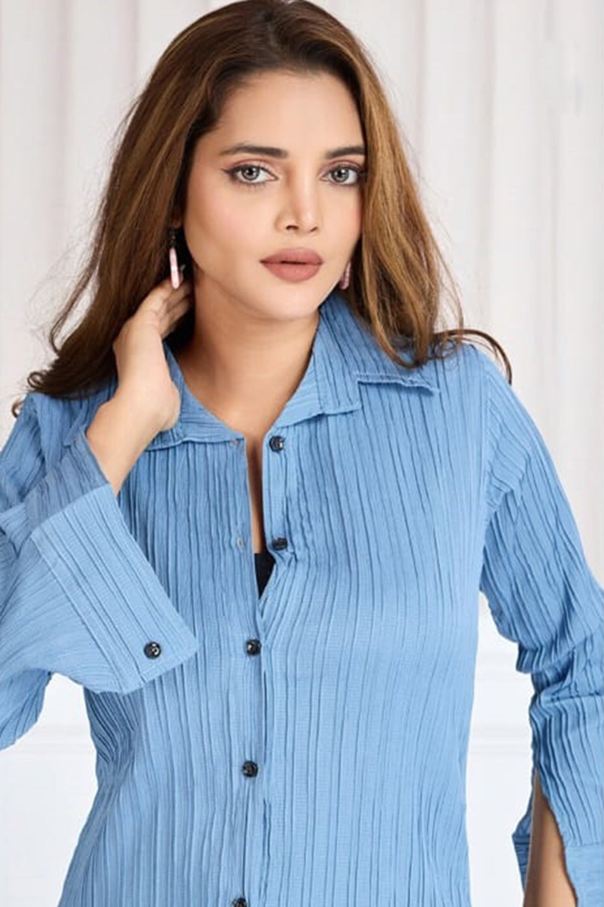 Sky Blue Vertical Pleated Shirt