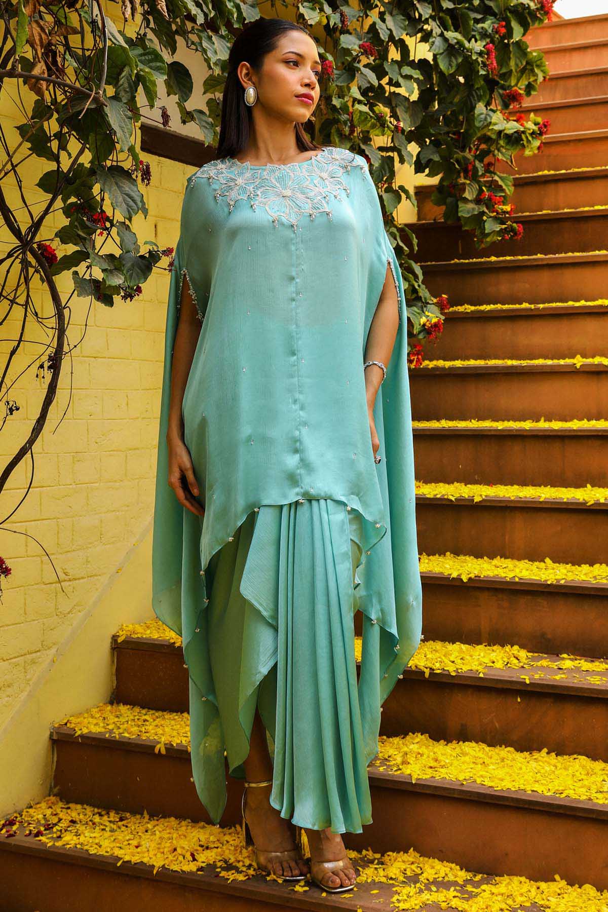 Buy Sky Blue Zardosi Kaftan Set Online