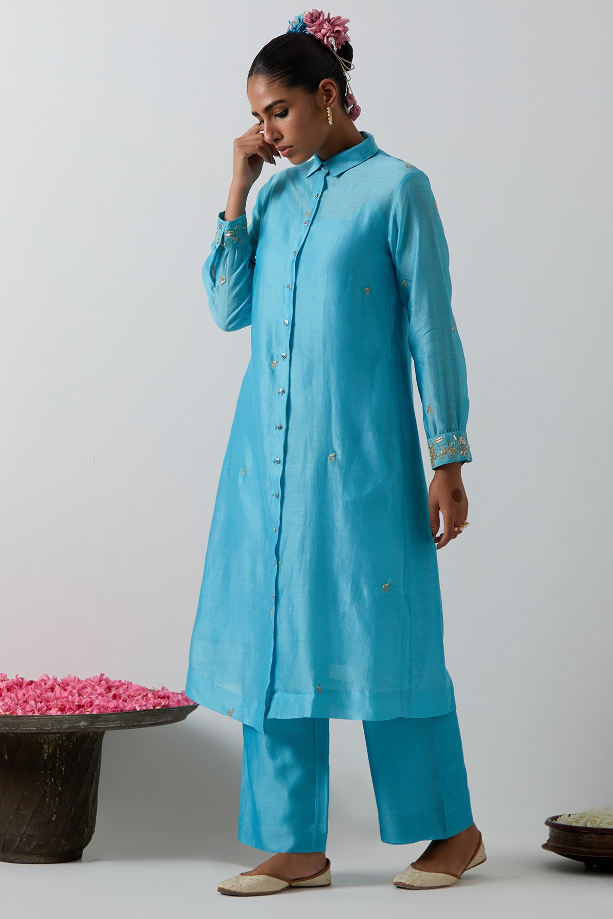 Sky Blue Zari Kurta And Pants
