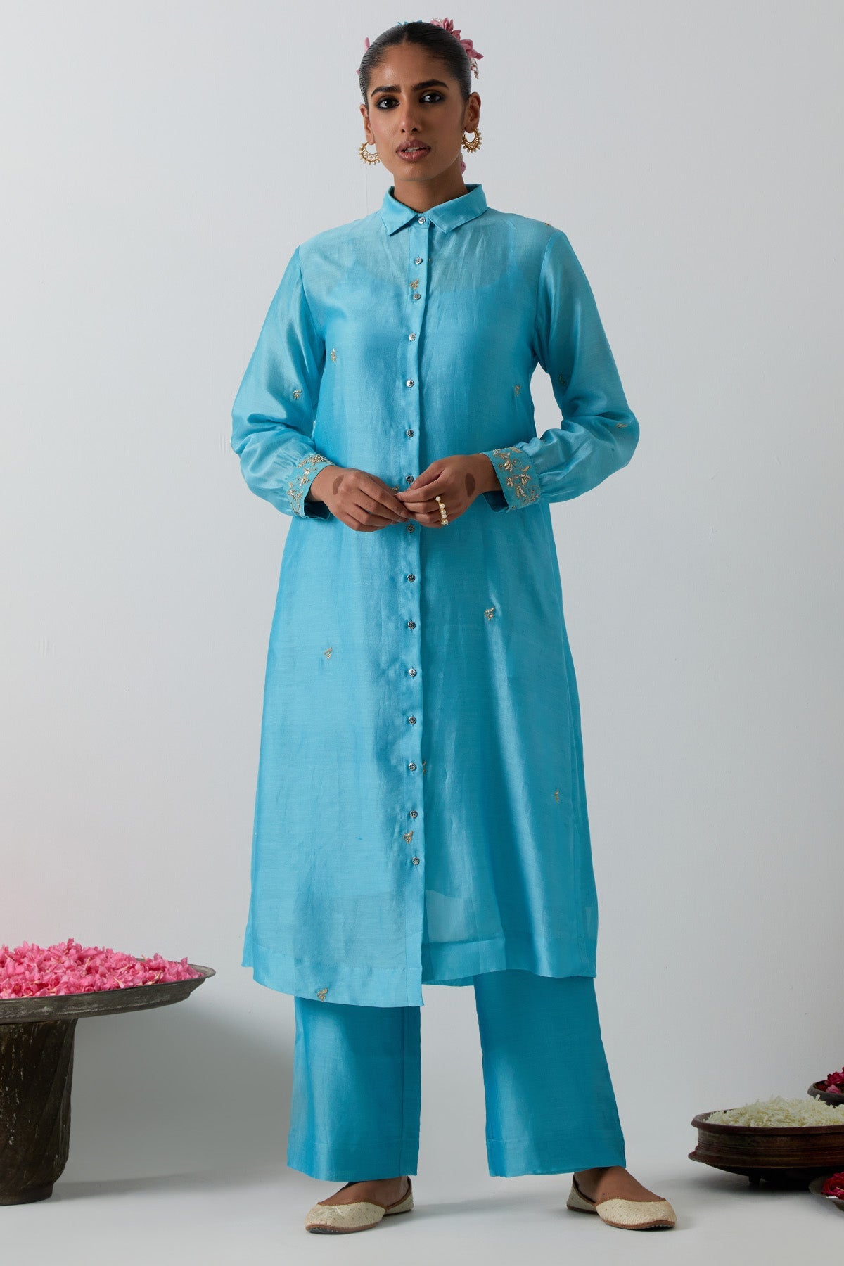 Buy Sky Blue Zari Kurta And Pants for women by Vinusto online available at scrollnshops