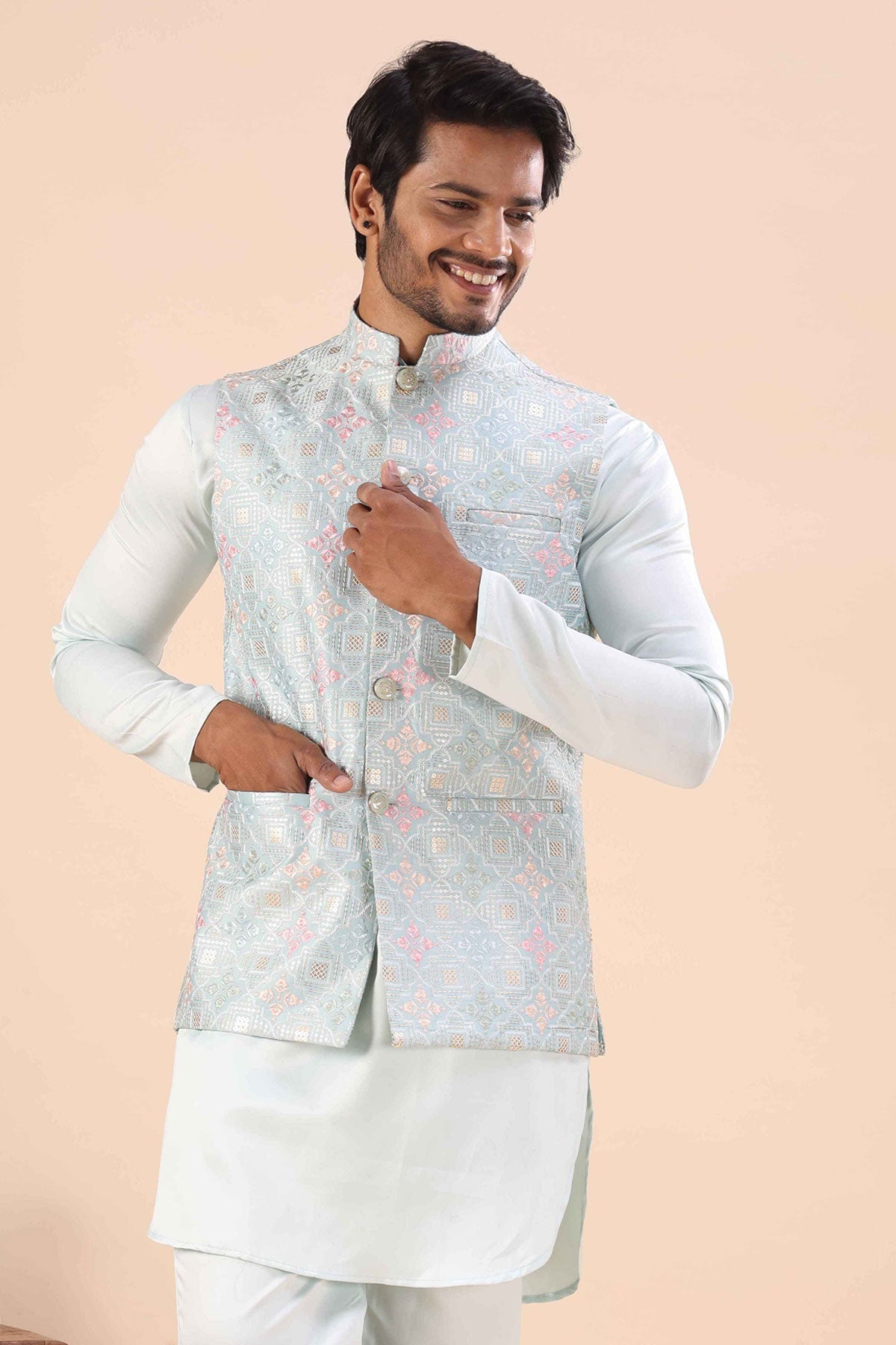Buy Sky Cotton Embroidered Bundi for women by Priyanka Jain online available at scrollnshops