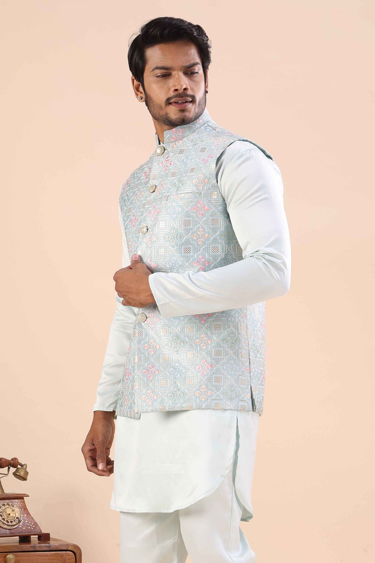 Sky Cotton Embroidered Bundi
