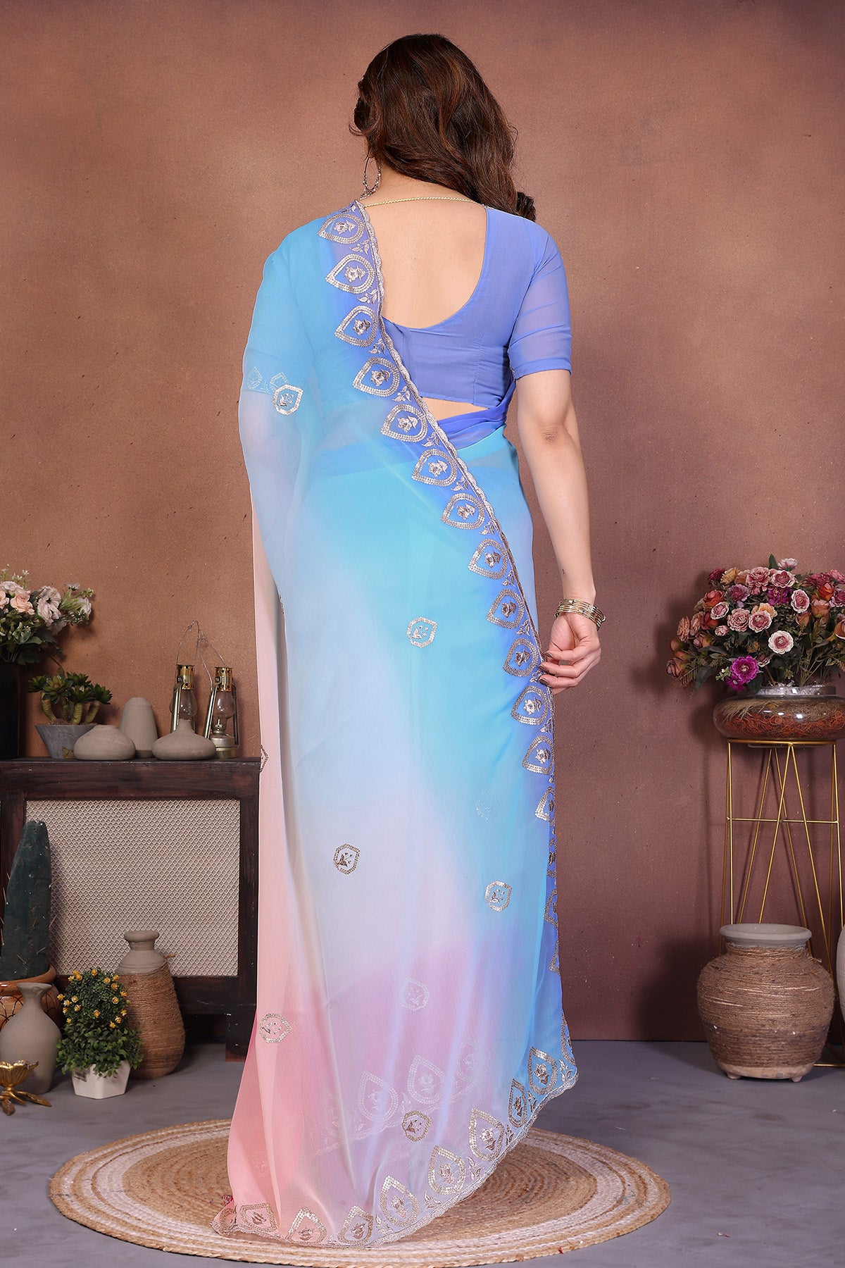 Sky Georgette Embroidery Saree