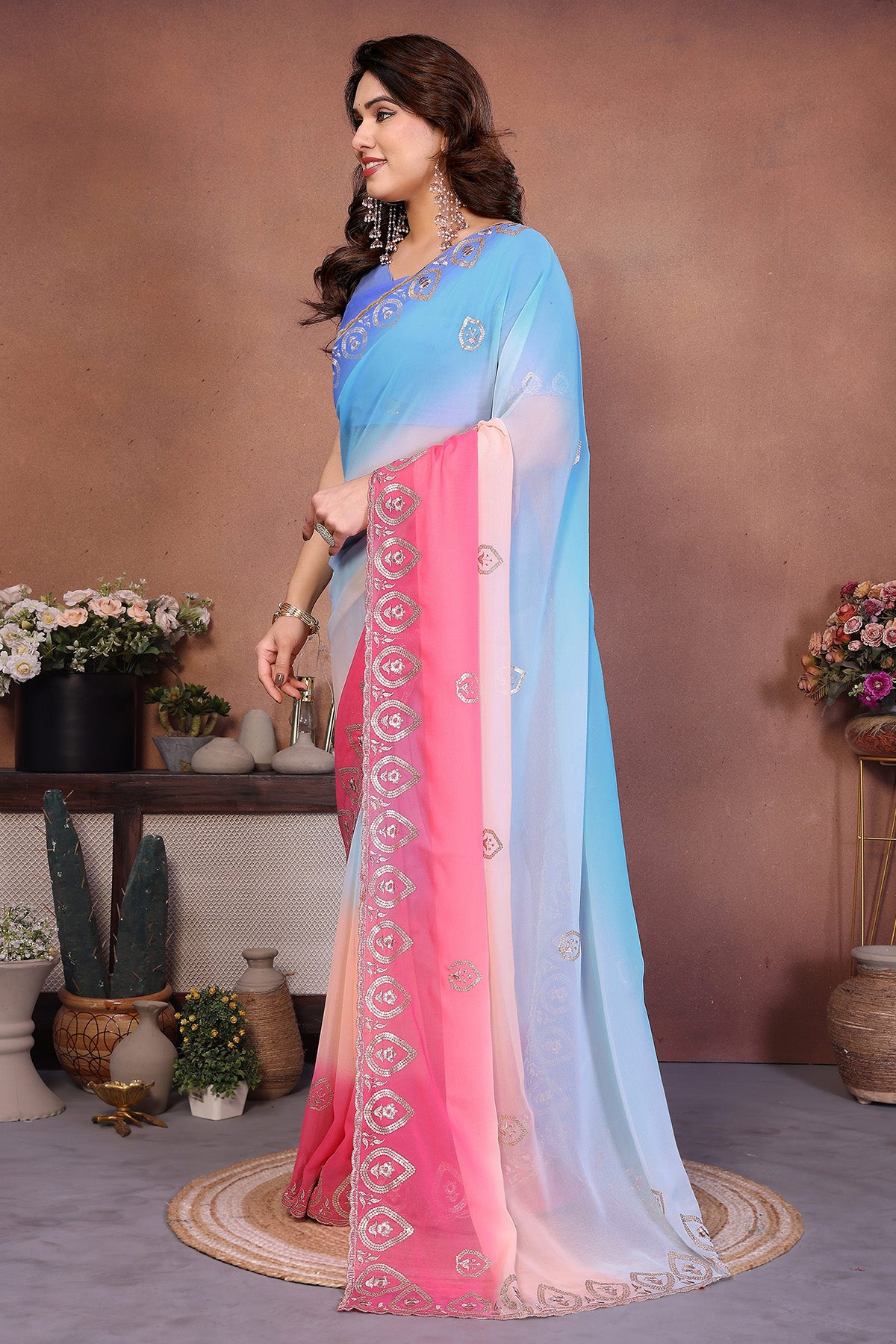 Sky Georgette Embroidery Saree