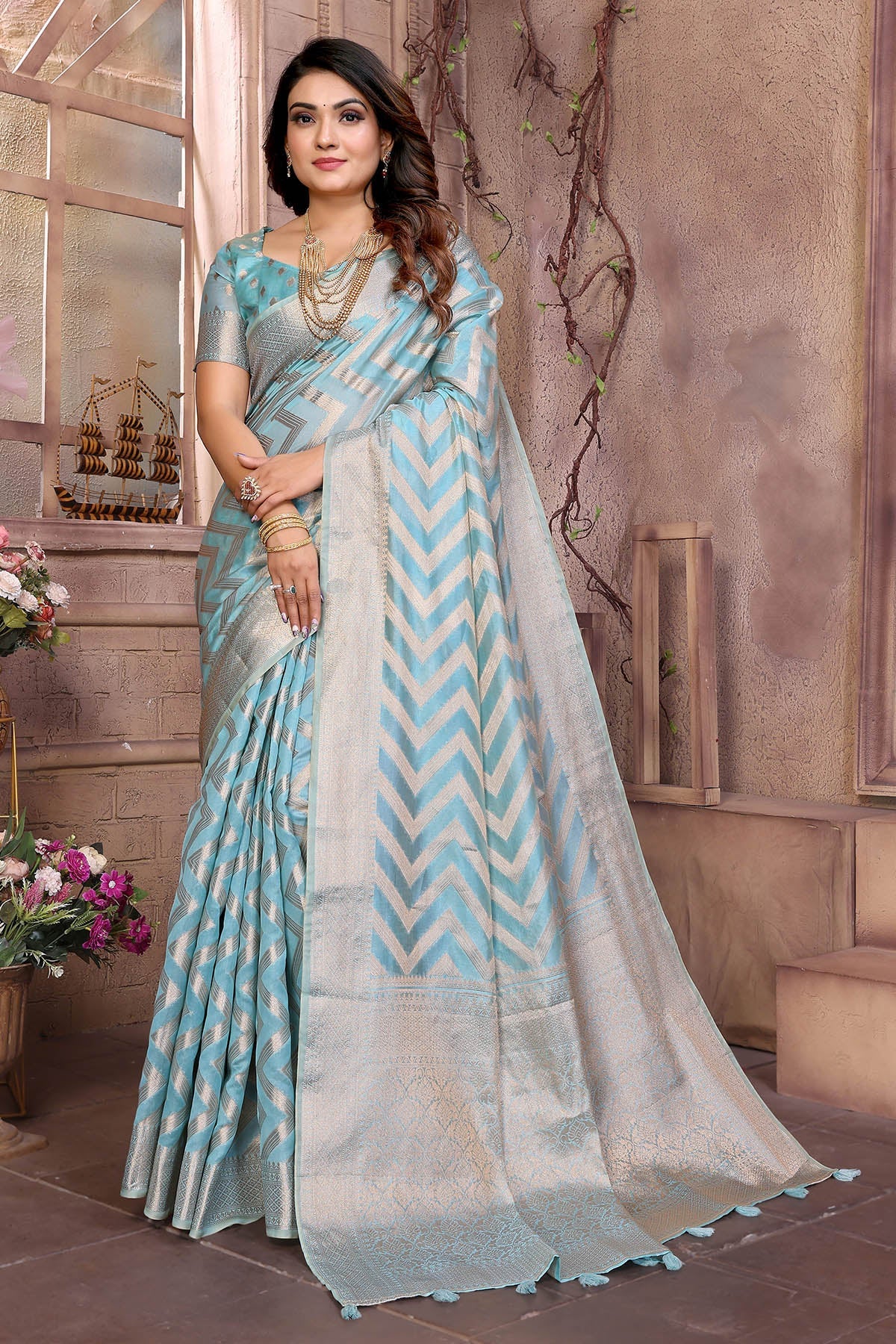 Buy Sky Soft Organza Weaving Saree for women by Aastha Fashion online available at scrollnshops