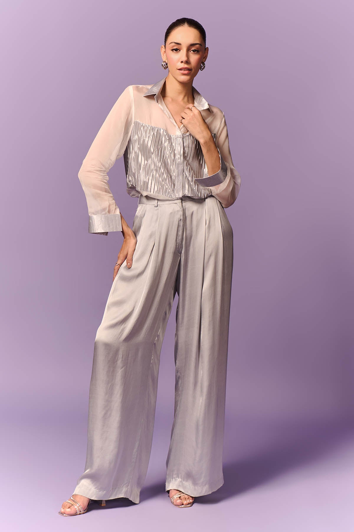 Buy Sliver Organza Shirt & Pants by Emblaze for women online at ScrollnShops