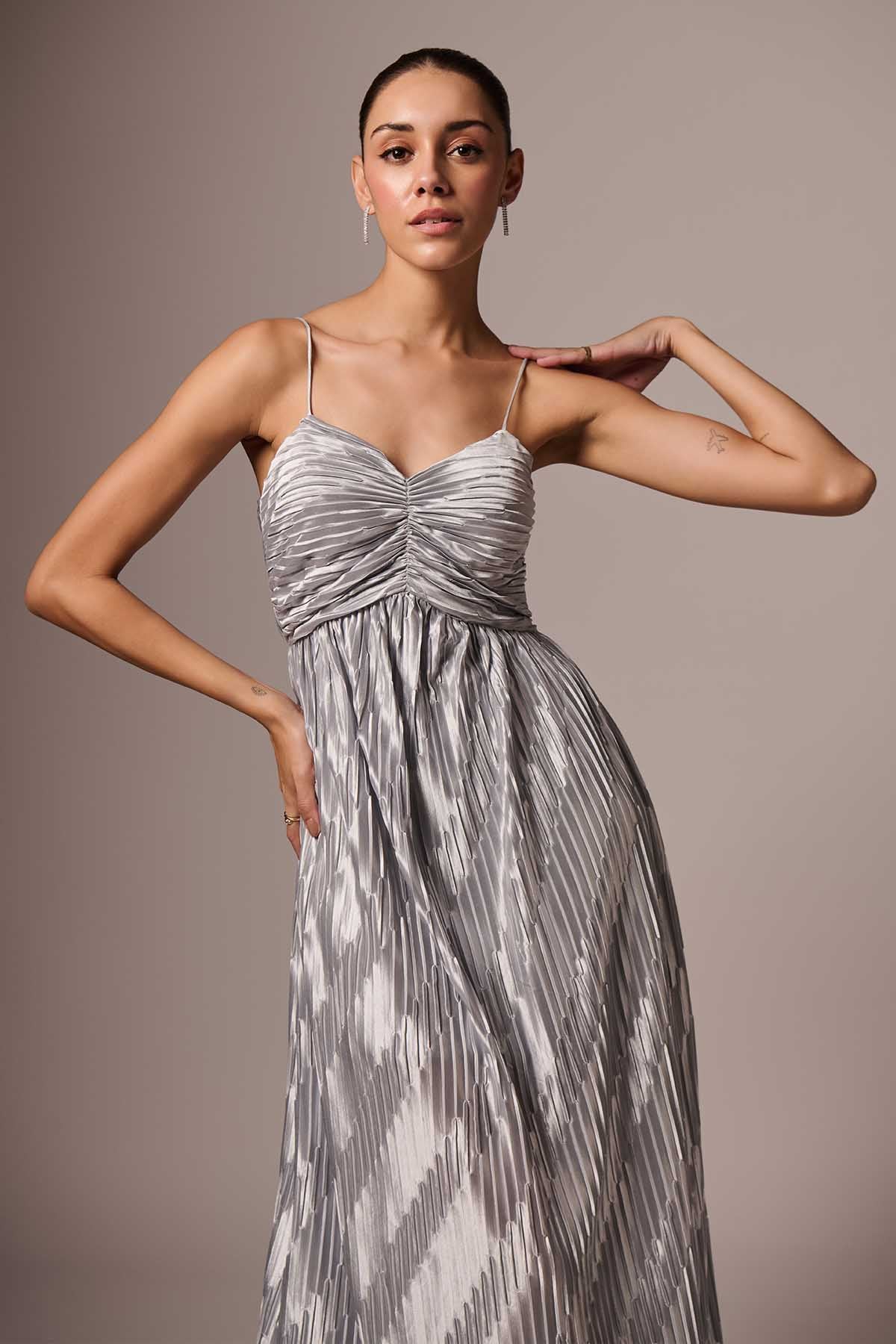 Silver Sleeveless Pleated Dress