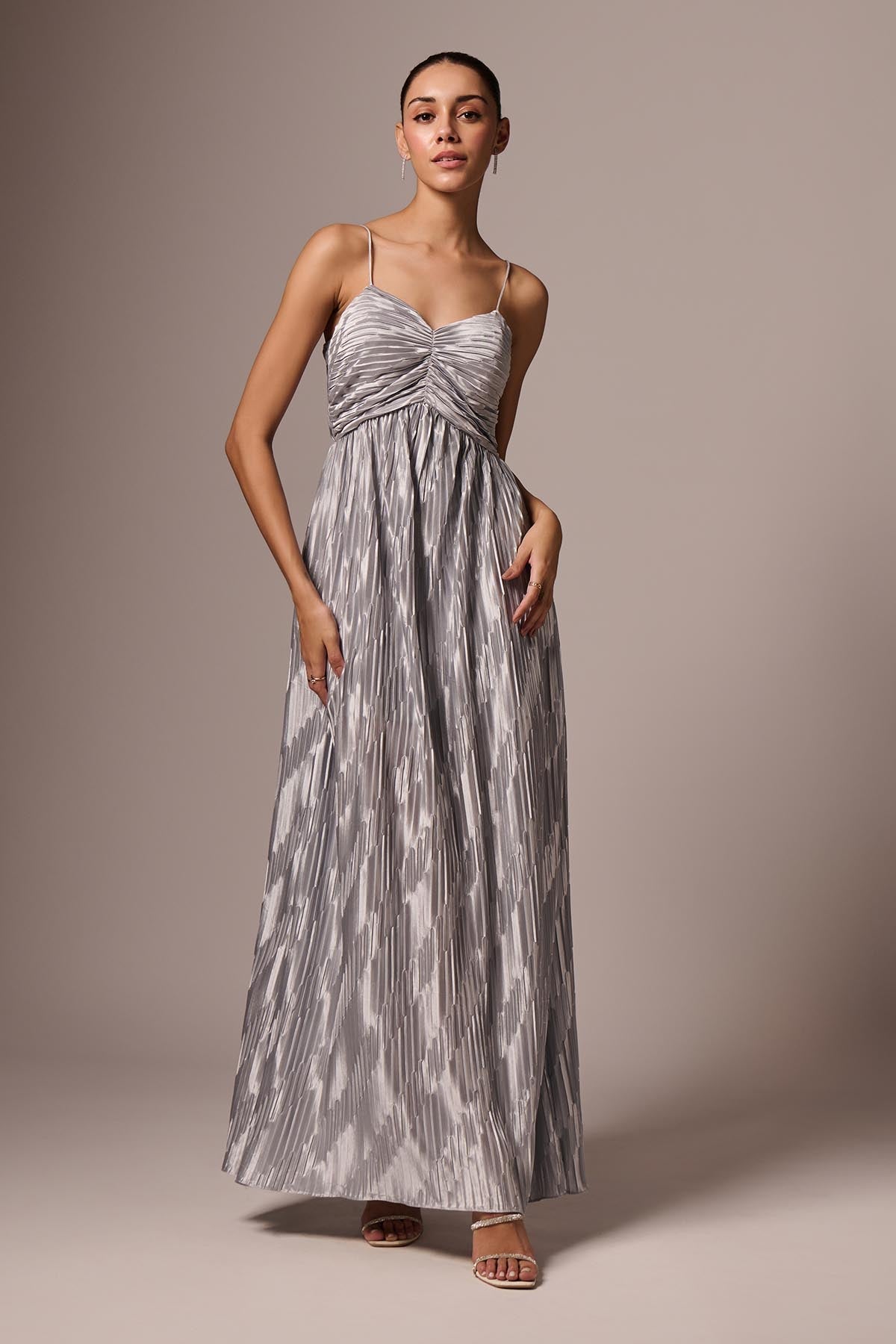 Buy Sliver Sleeveless Pleated Dress by Emblaze for women online at ScrollnShops