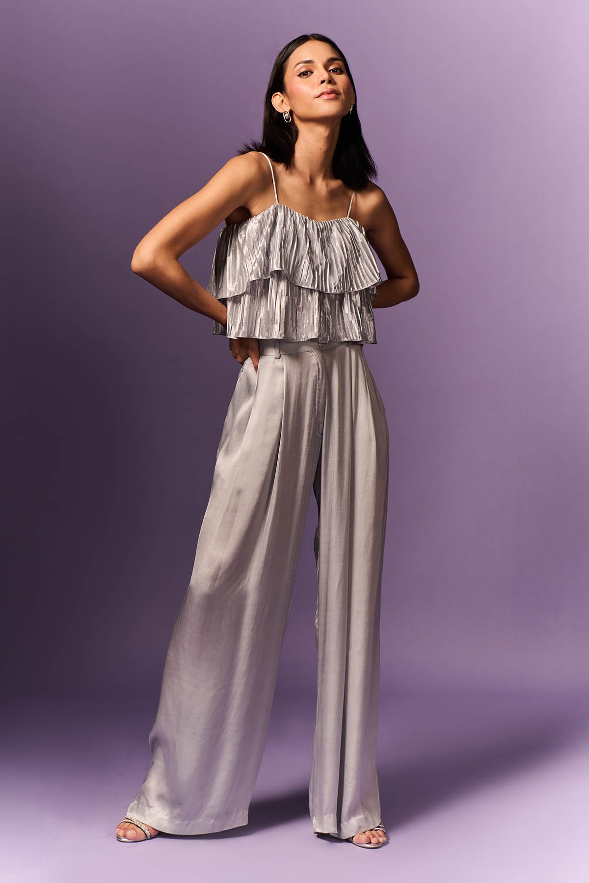 Silver Tiered Top & Flared Pants