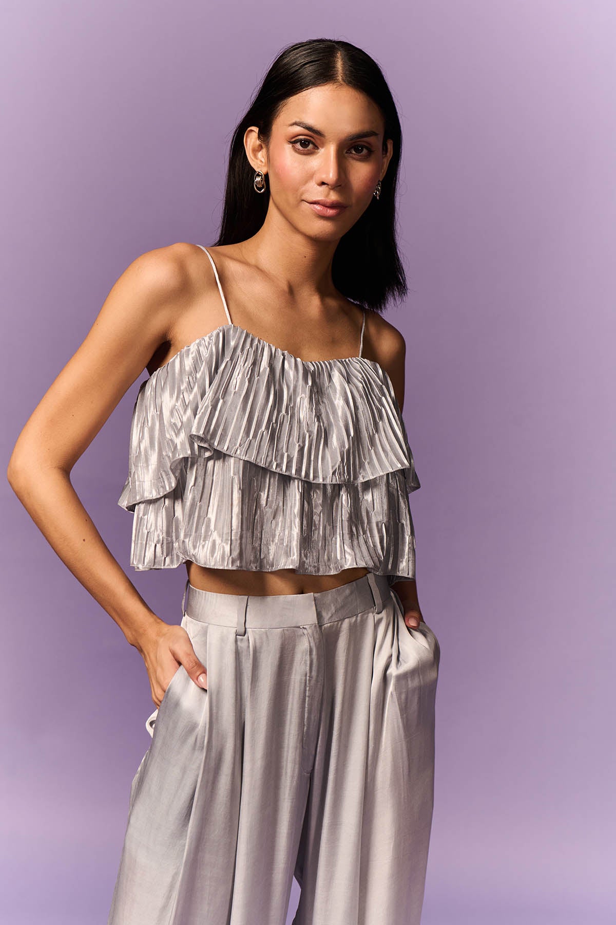 Silver Tiered Top & Flared Pants