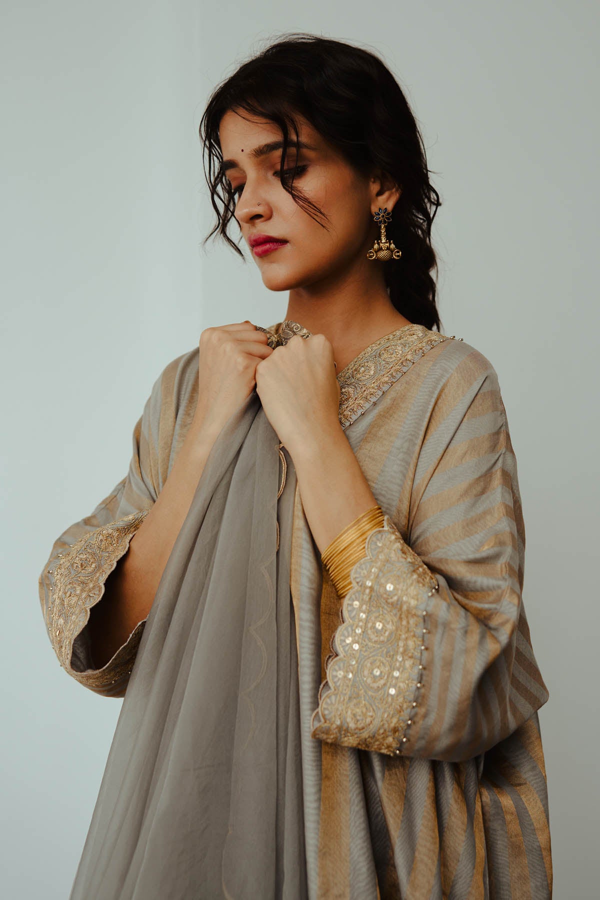 Grey Embroidered Kaftan Set