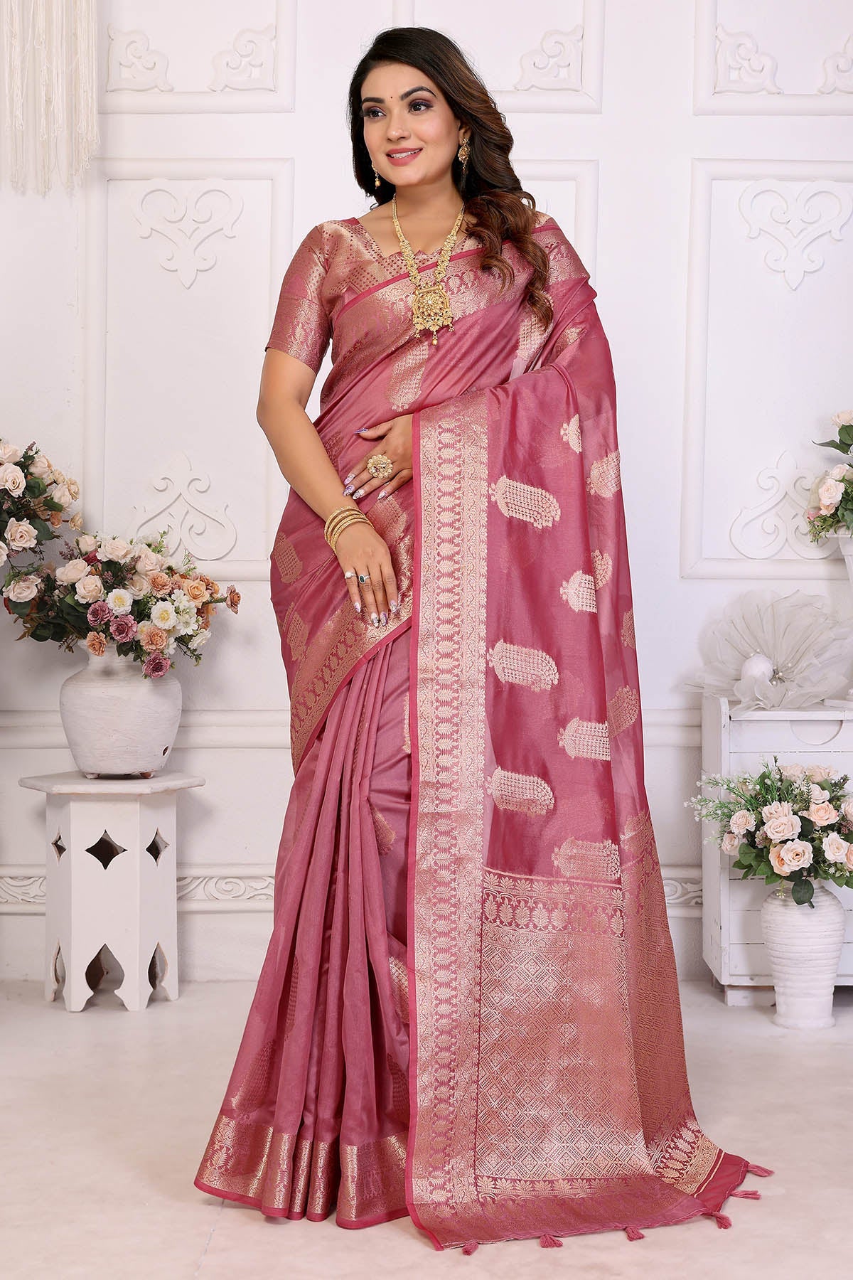 Buy Soft Organza Dusty Rose Saree for women by Aastha Fashion online available at scrollnshops