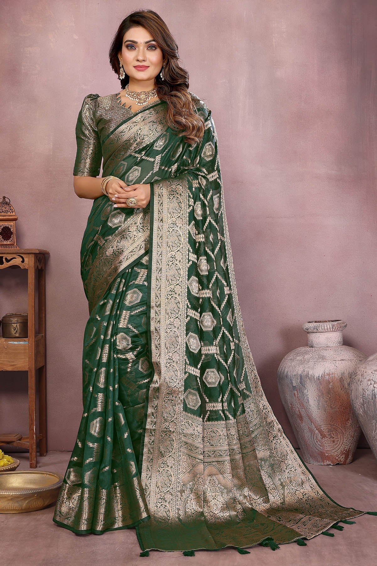 Buy Soft Organza Fancy Green Saree for women by Aastha Fashion online available at scrollnshops