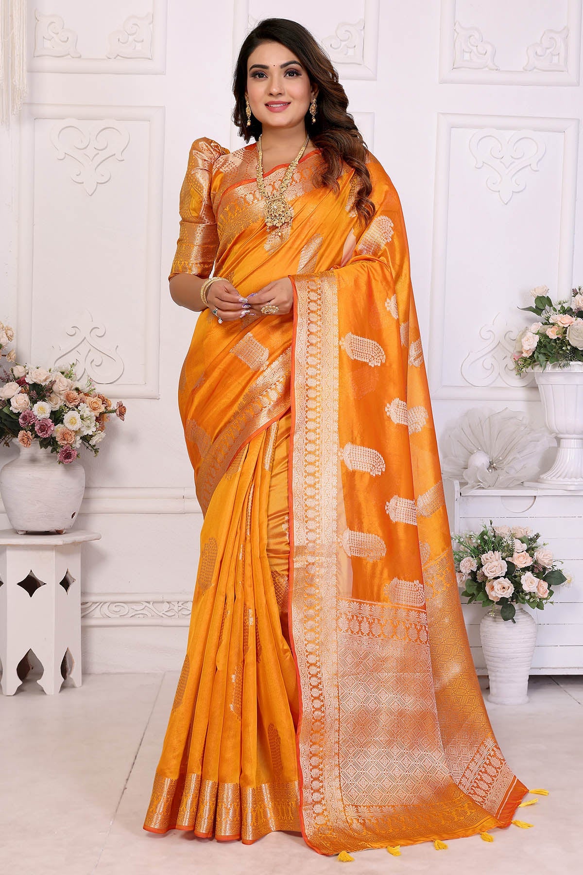 Buy Soft Organza Silk Yellow Saree for women by Aastha Fashion online available at scrollnshops