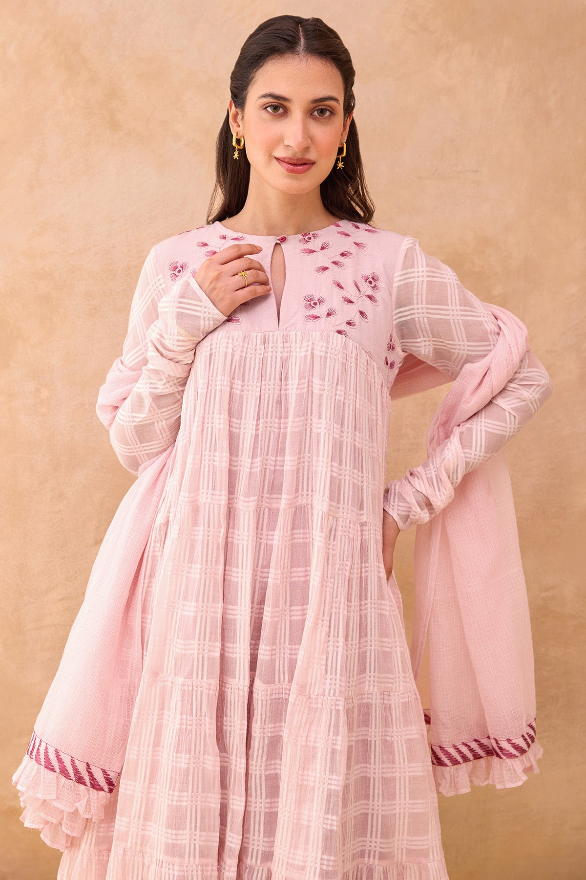 Soft Pink Kota Doria Kurta Set