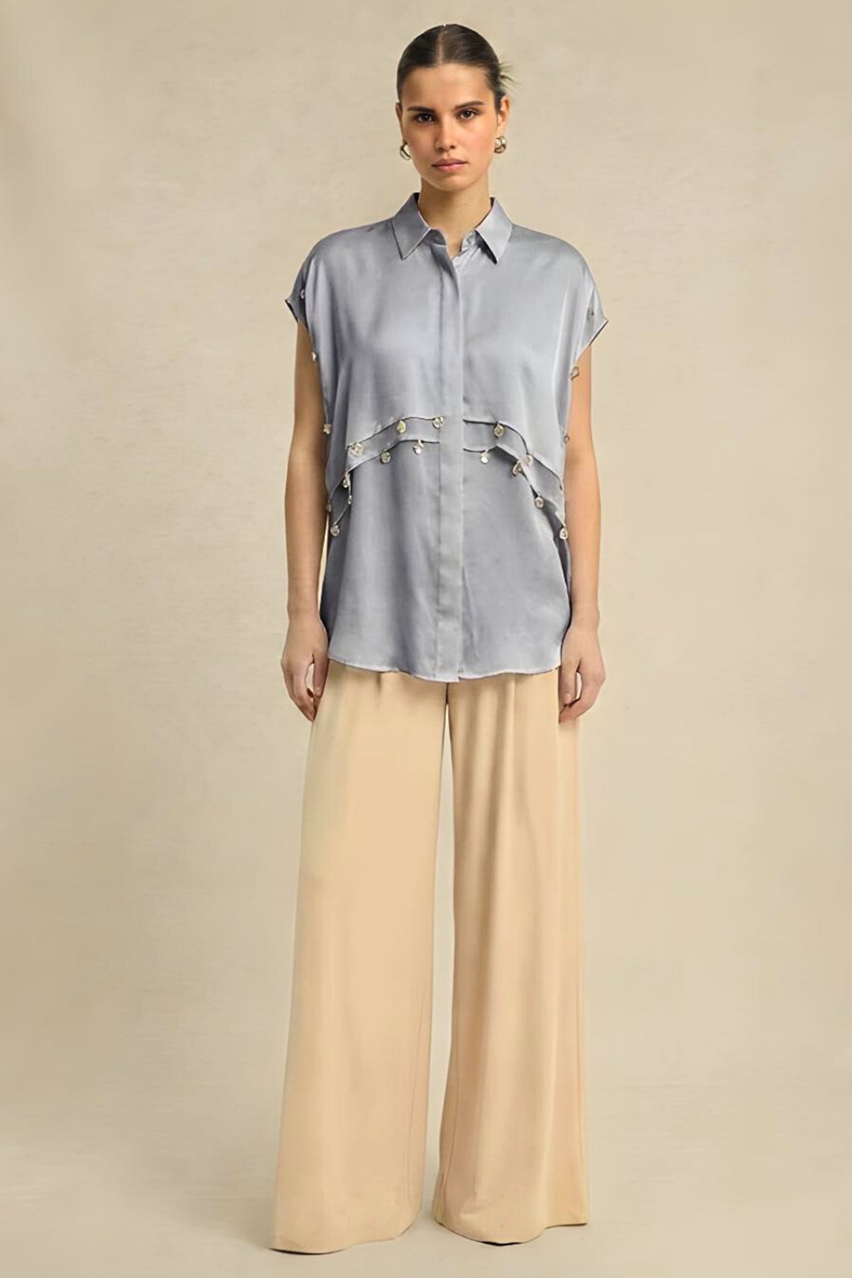 Buy Steel Grey Silk Coin Flap Shirt for women by Neora online available at scrollnshops
