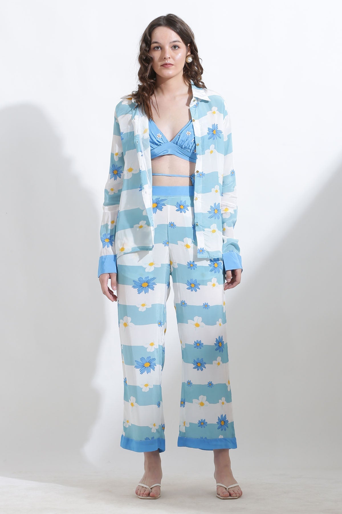 Designer Kusmi Breezy Elegance: White & Blue Striped Floral Co-ord For Women at ScrollnShops