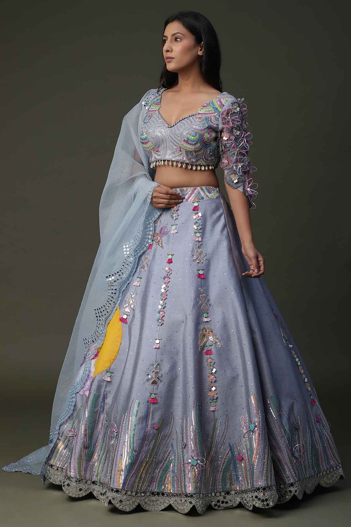 Light Grey Raw Silk Lehenga Set