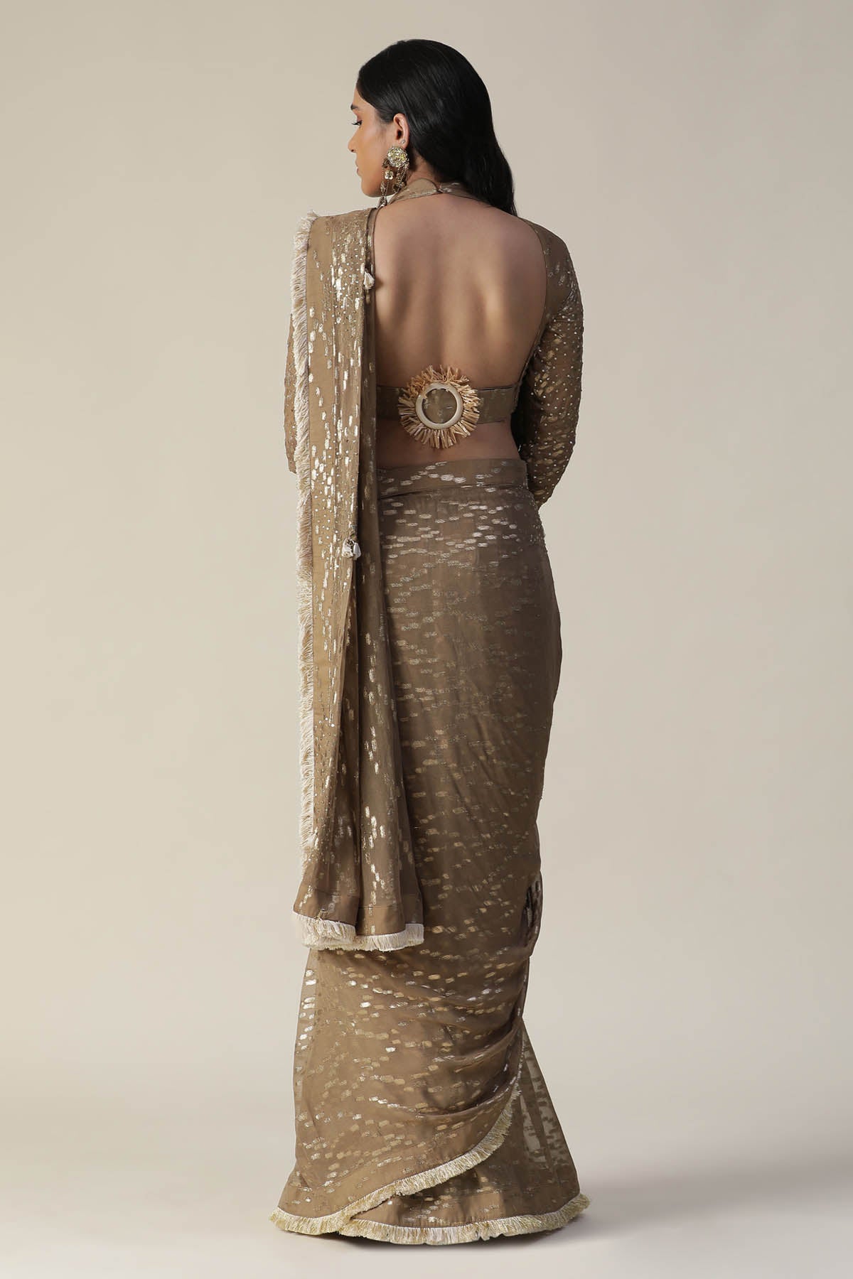 Tan Sequins Pre Draped Saree Set