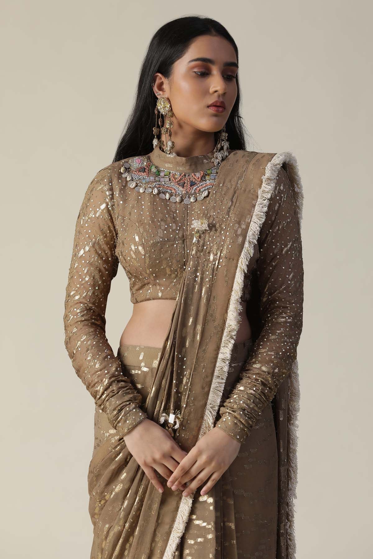 Tan Sequins Pre Draped Saree Set