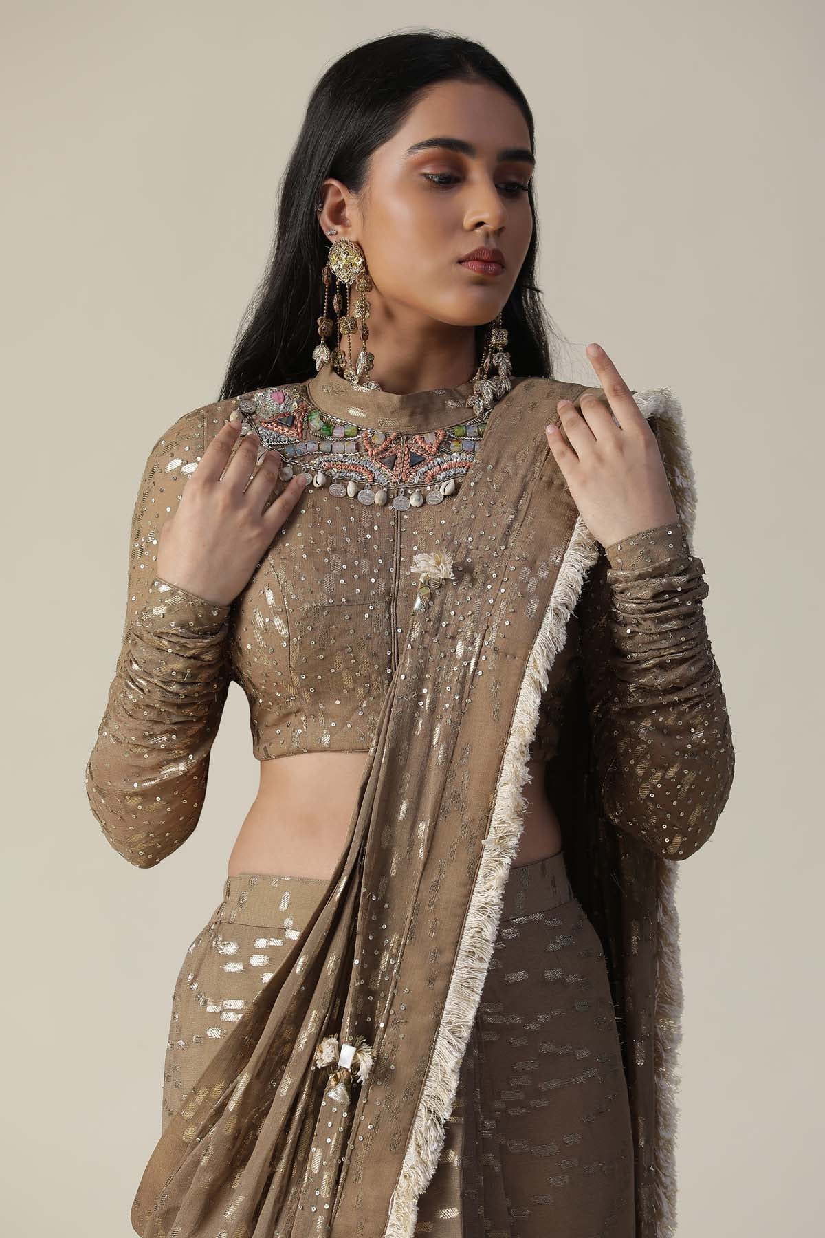 Tan Sequins Pre Draped Saree Set