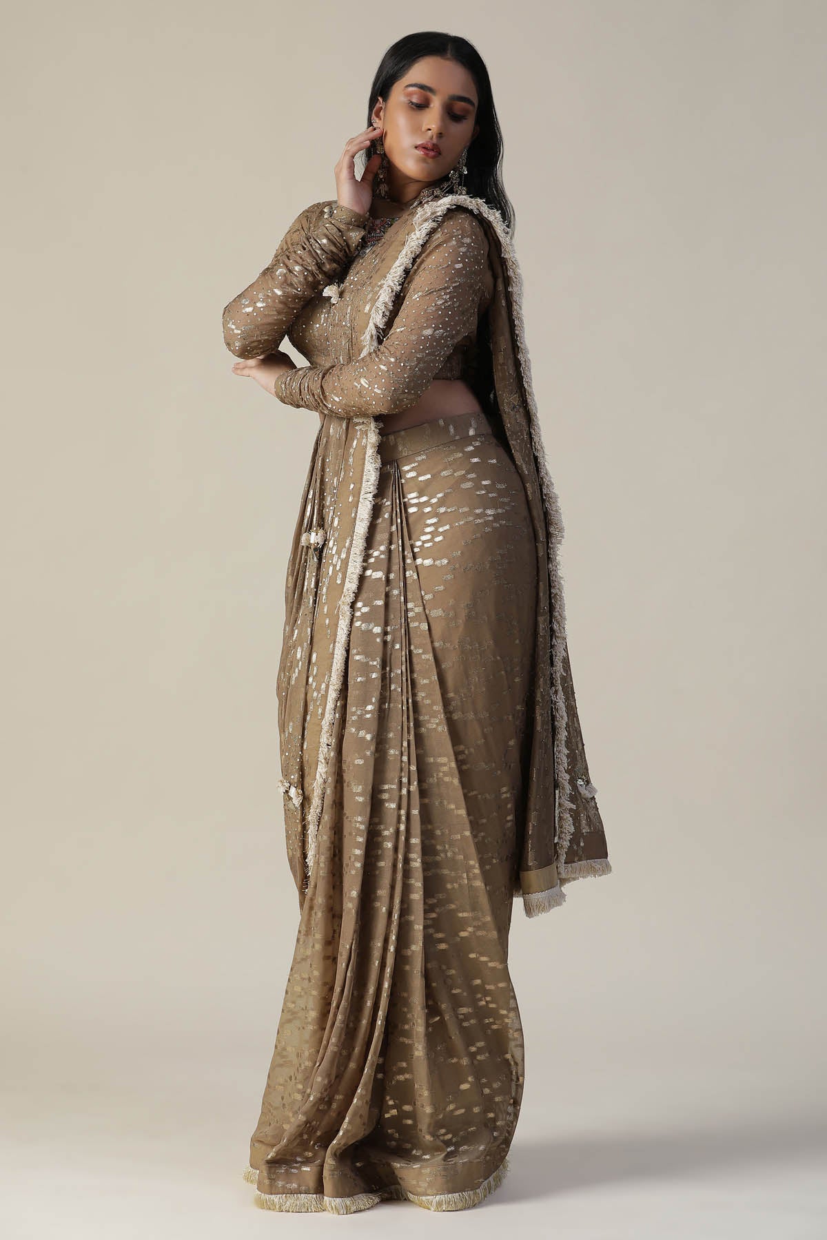 Tan Sequins Pre Draped Saree Set