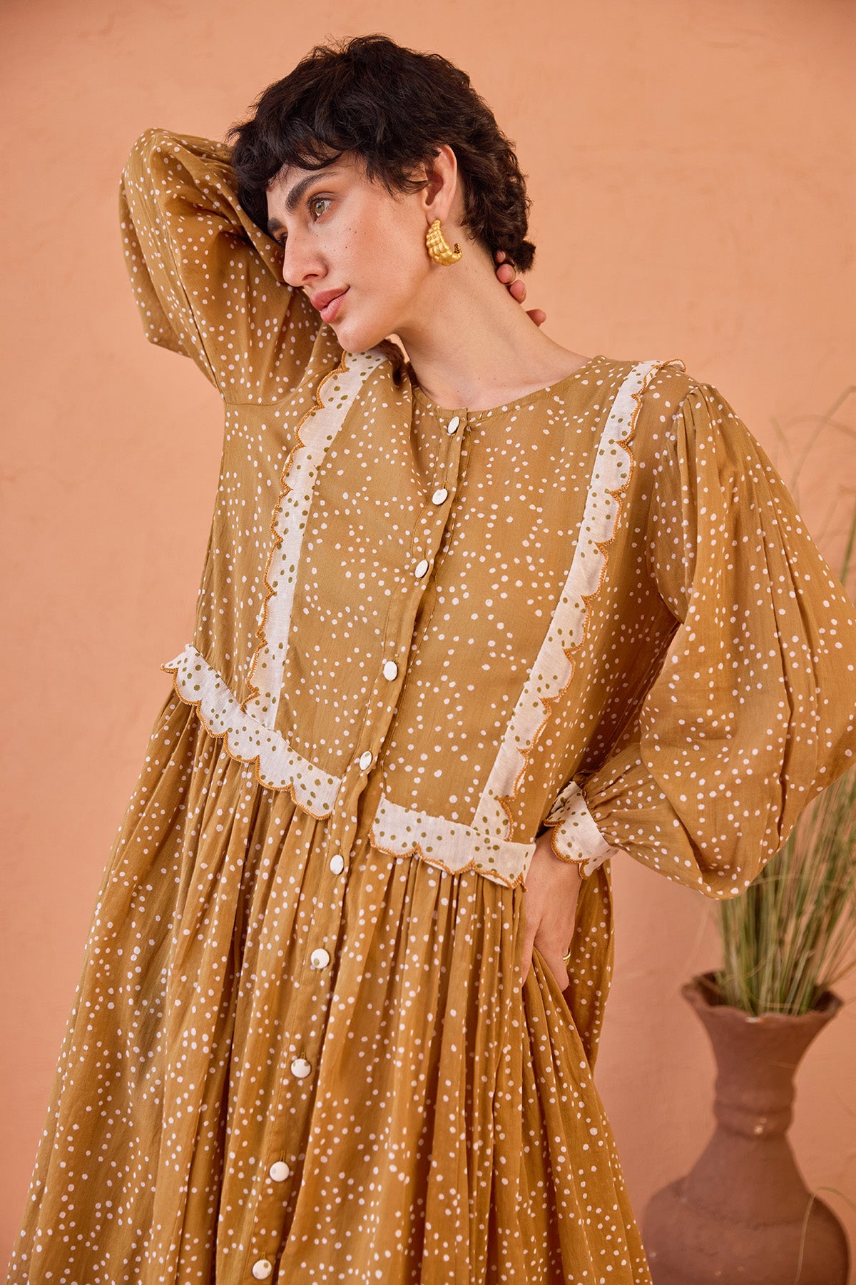 Tan Cotton Mulmul Midi Dress