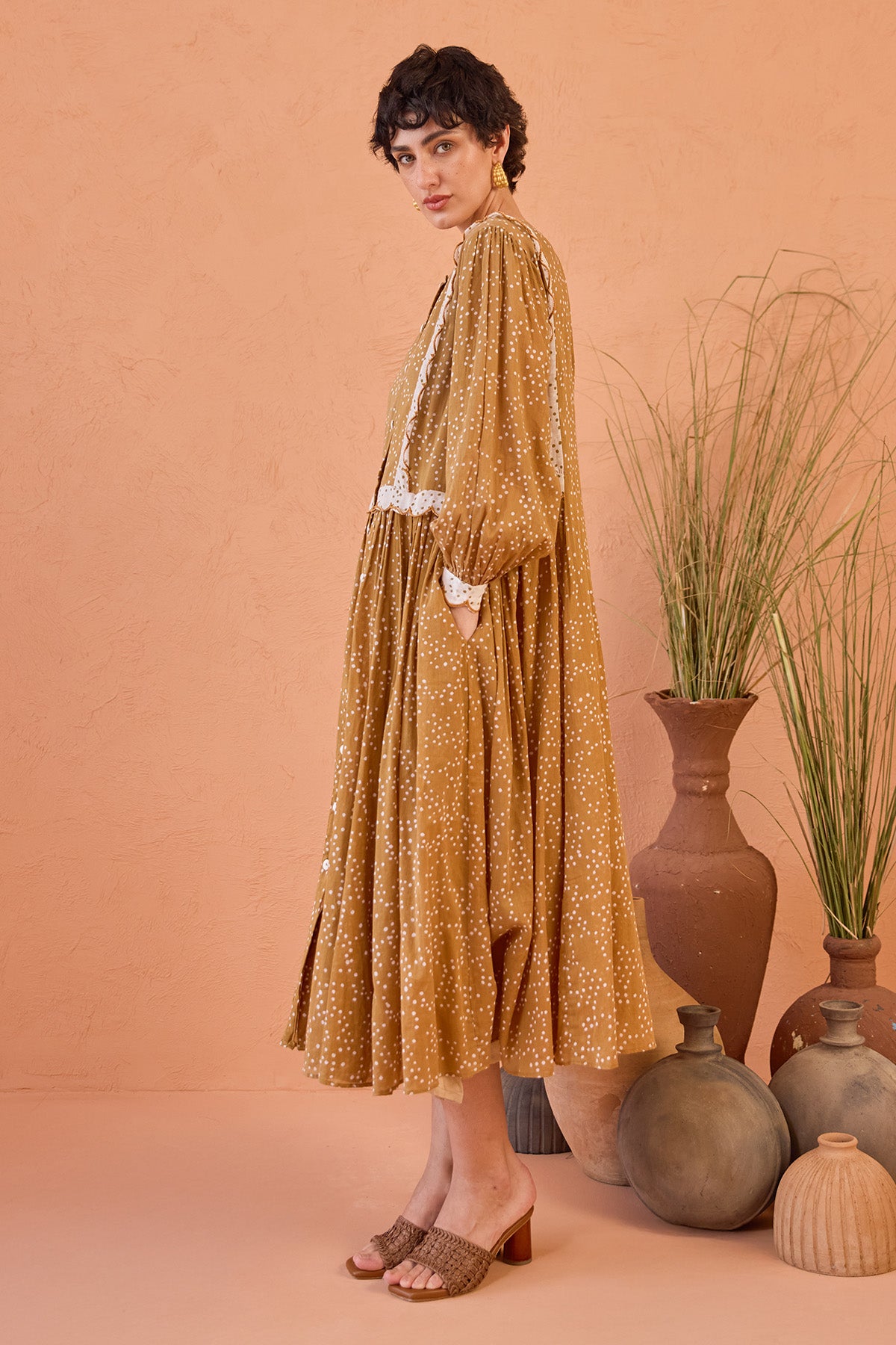 Tan Cotton Mulmul Midi Dress