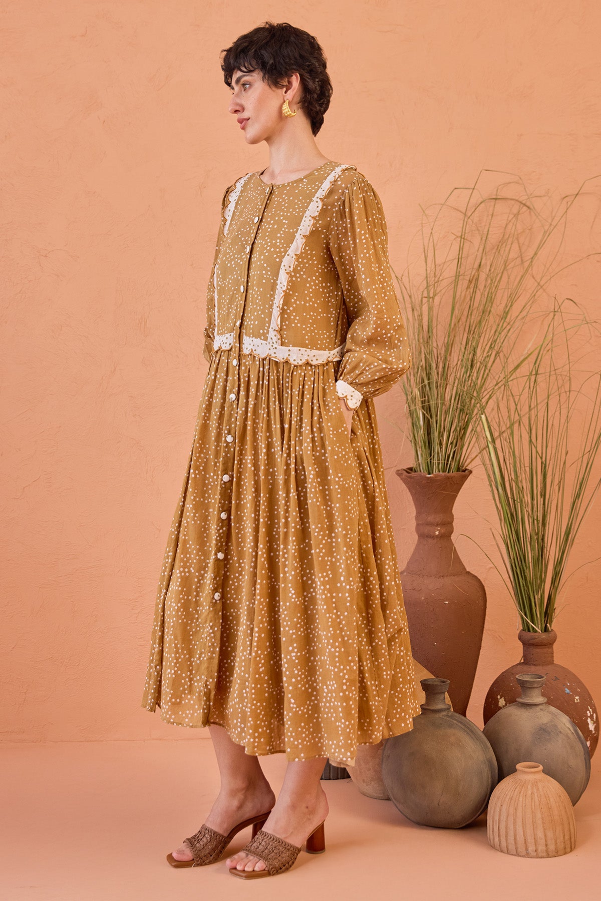 Tan Cotton Mulmul Midi Dress