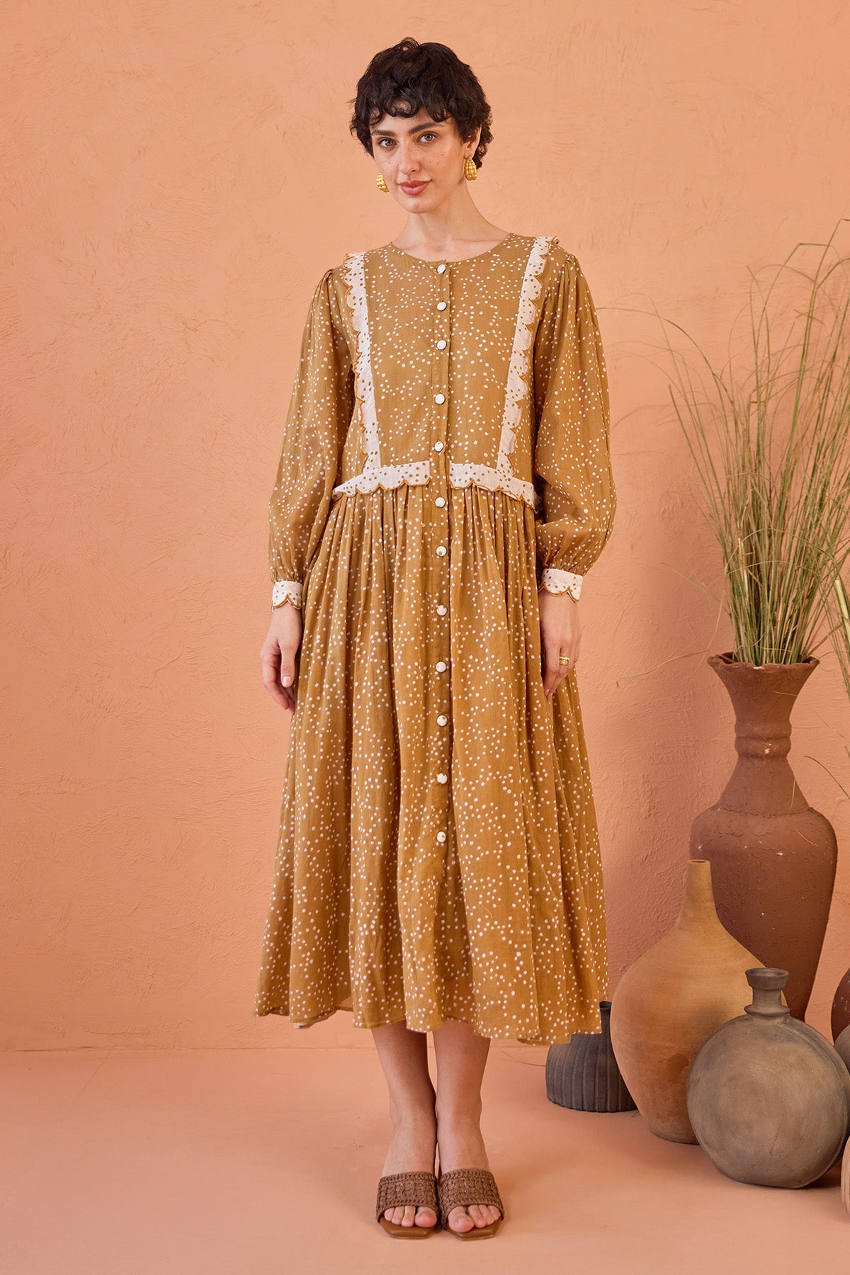 Buy Tan Cotton Mulmul Midi Dress by Taro India for women online at ScrollnShops