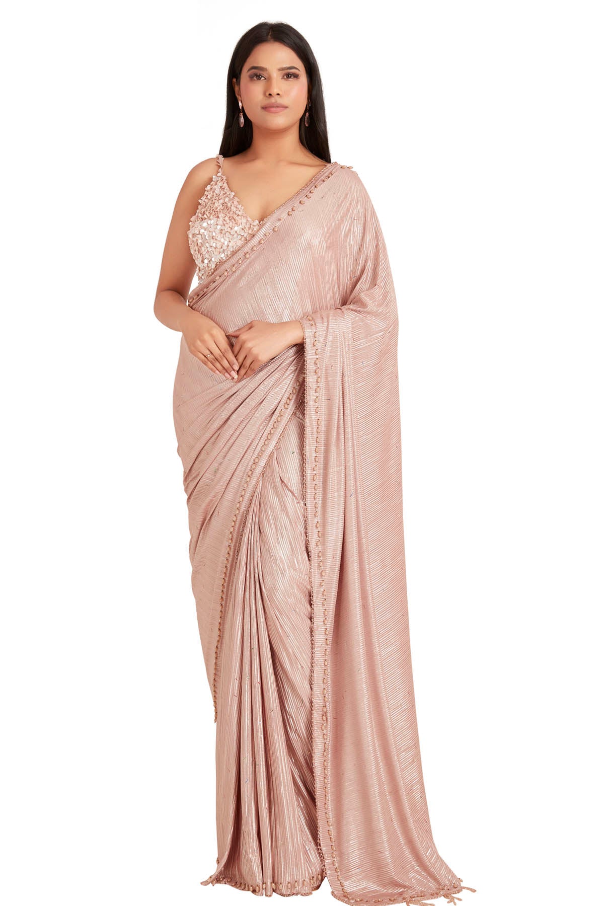 Vastra by Mala Munde Tan Crystal Bead Saree & Blouse for women online at ScrollnShops