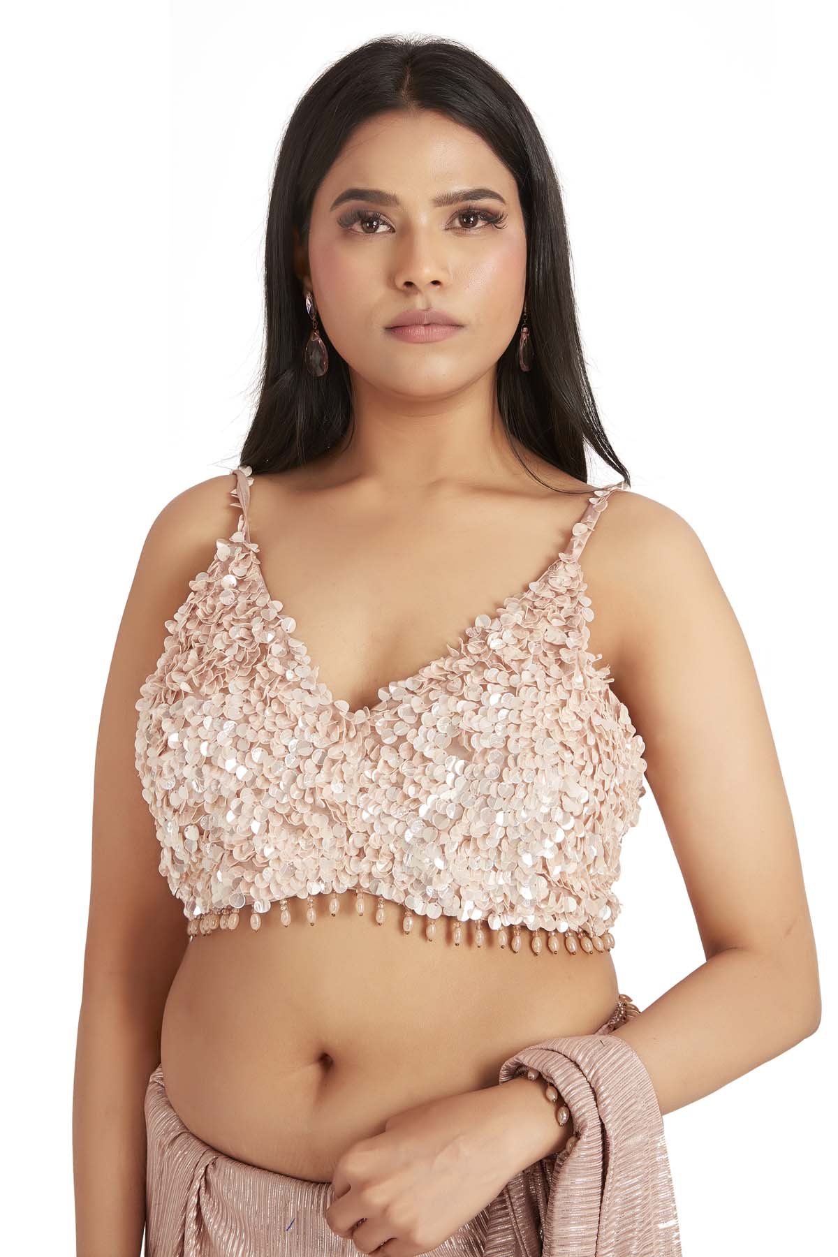 Tan Crystal Bead Saree & Blouse