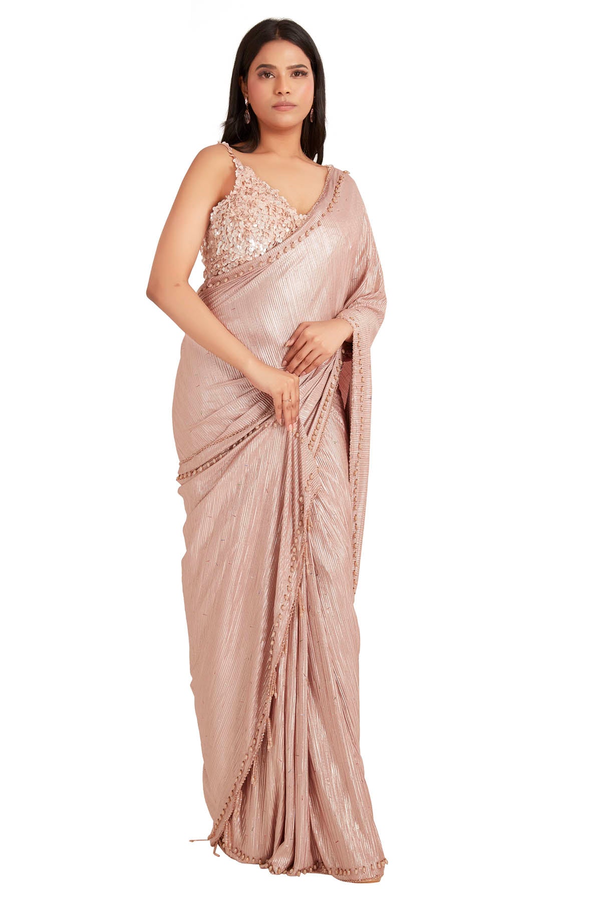 Tan Crystal Bead Saree & Blouse