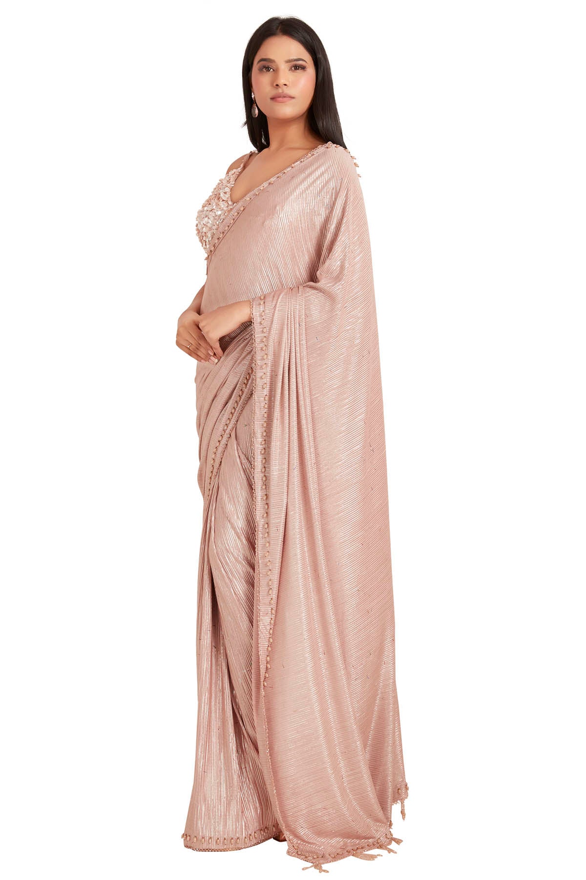 Tan Crystal Bead Saree & Blouse