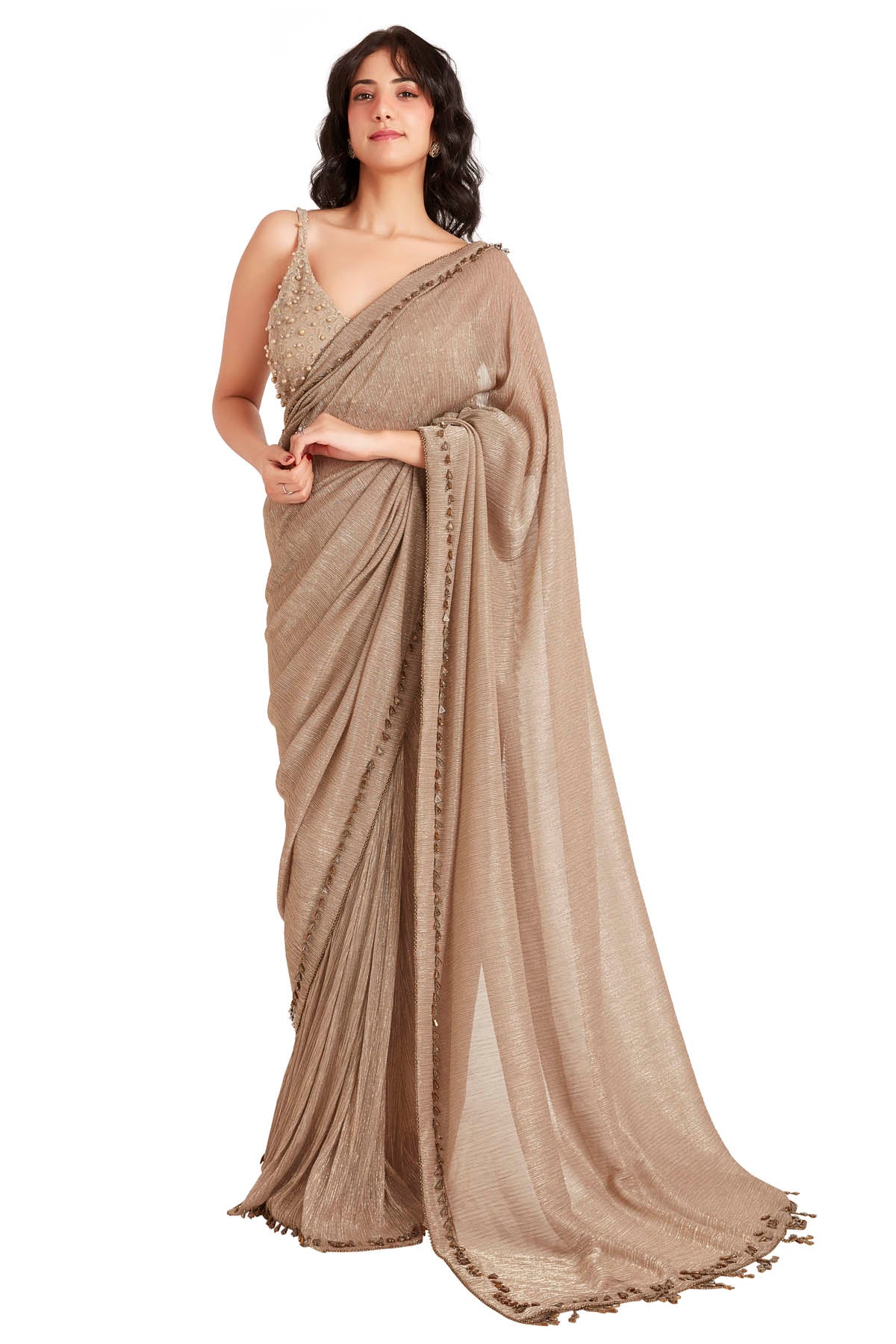 Vastra by Mala Munde Tan Embroidered Saree & Blouse for women online at ScrollnShops