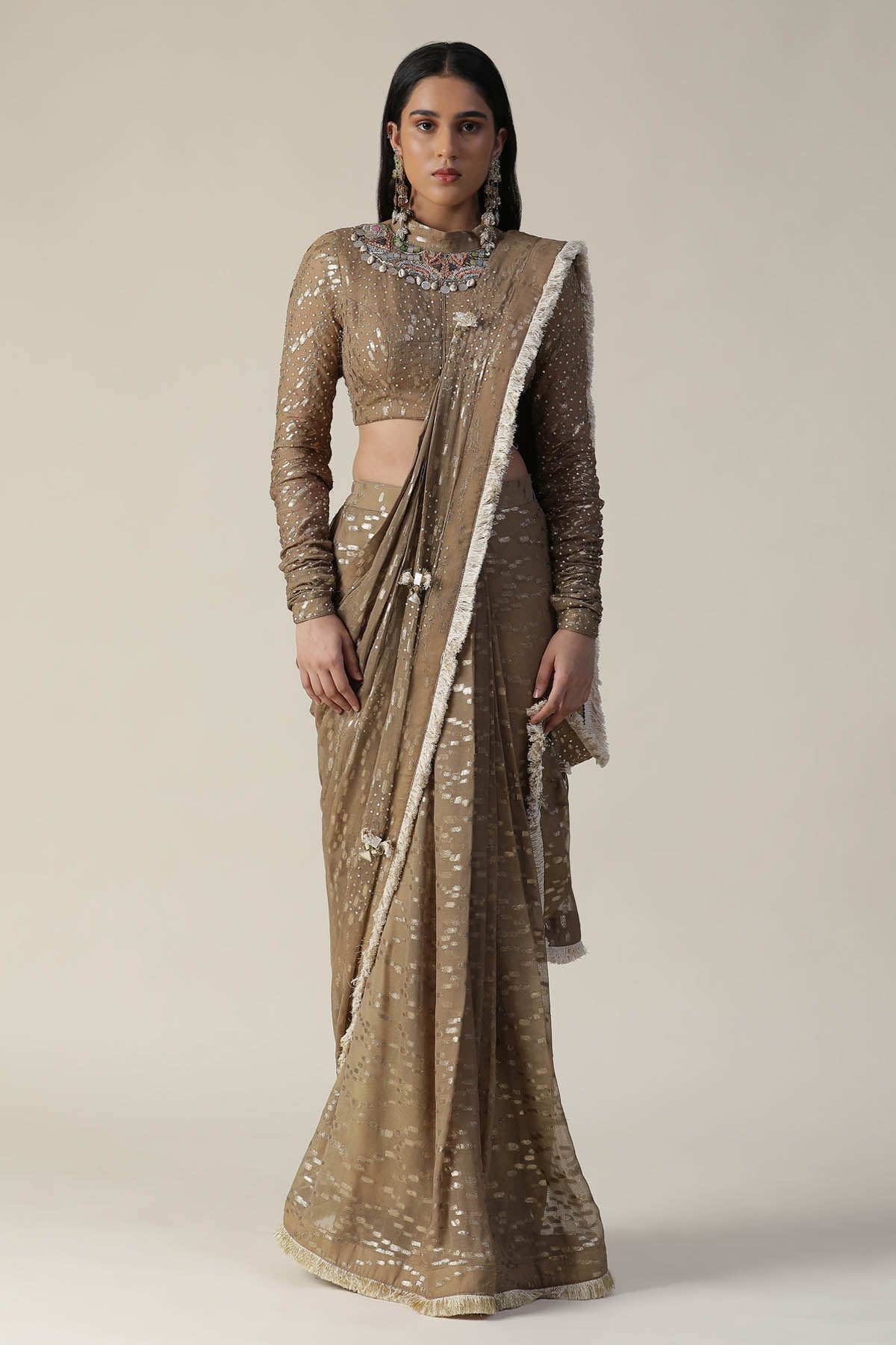 Buy Arpita SulakshanaTan Sequins Pre Draped Saree Set